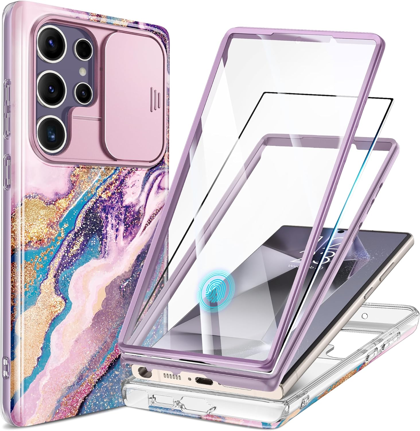 GVIEWIN for Samsung Galaxy S24 Ultra Case, [Slide Camera Cover & Built-in Screen Protector] [2 Front Frame] Military Grade Shockproof Marble Phone Case Cover 6.8 (Dreamland River/Purple)