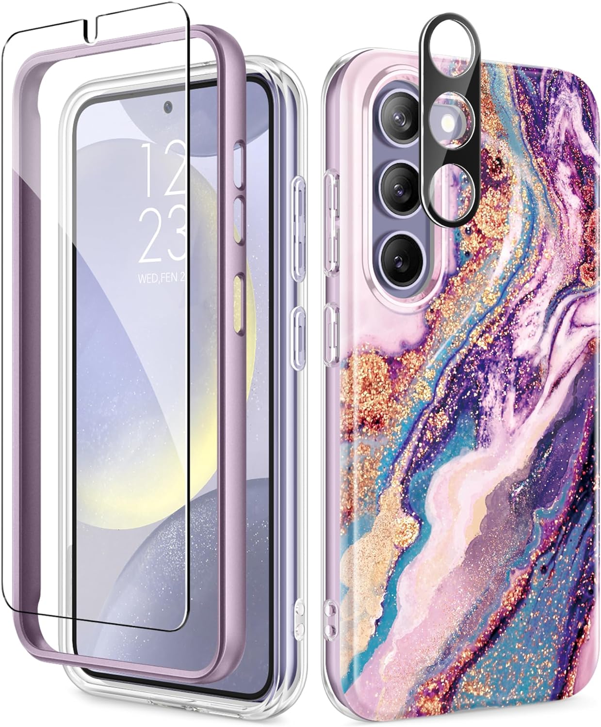 GVIEWIN Designed for Samsung Galaxy S24 Plus Case, [4 in 1 Full-Body Protection][Military Grade Drop Tested] Marble Shockproof Protective Phone Cover for S24 Plus 6.7 2024(Dreamland River/Purple)