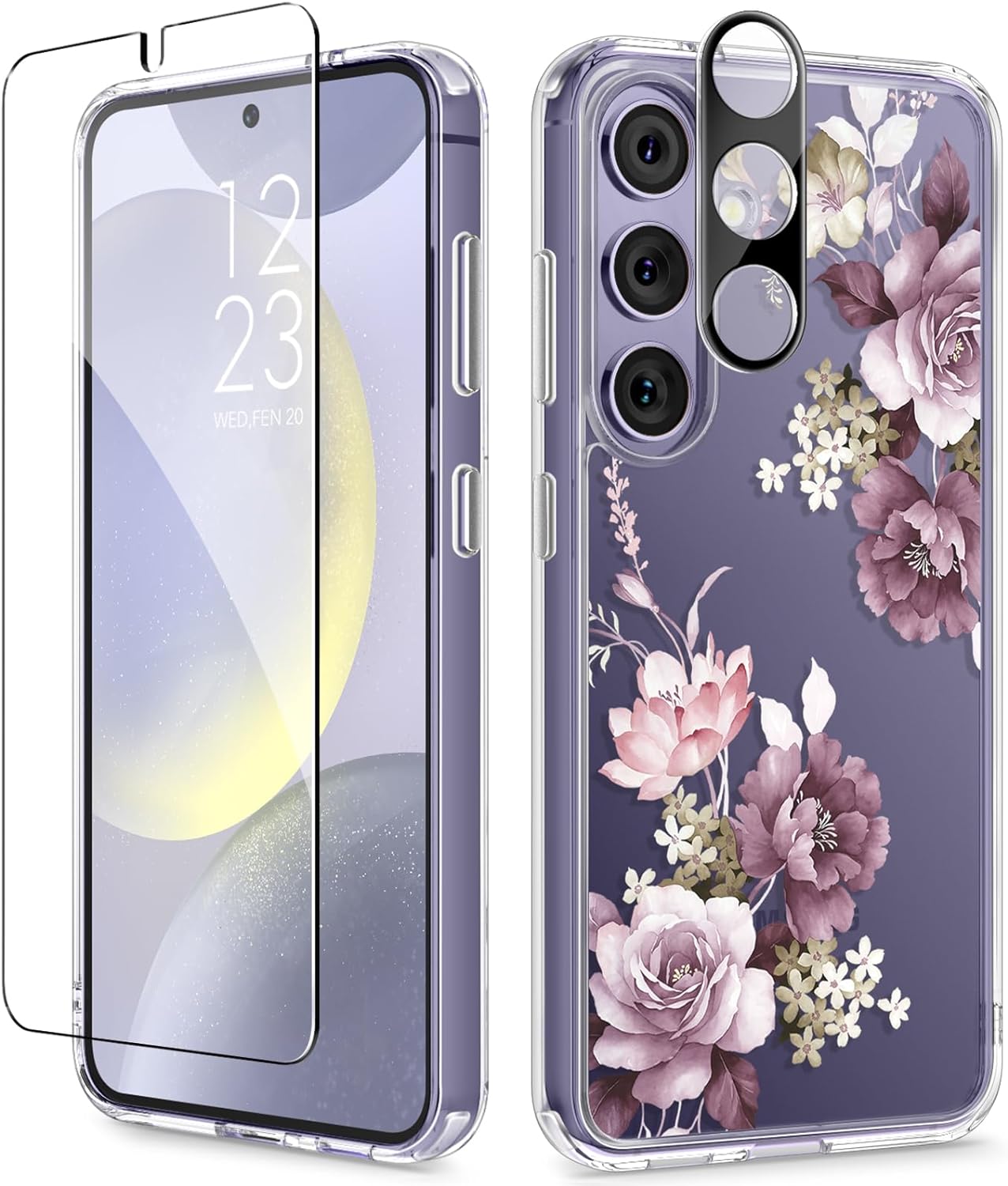 GVIEWIN Compatible with Samsung Galaxy S24 Plus Case with Screen Protector Camera Lens Protector, Clear Stylish Floral Pattern Slim Protective Cover for Women 6.7 (Cherry Blossoms/Purple)