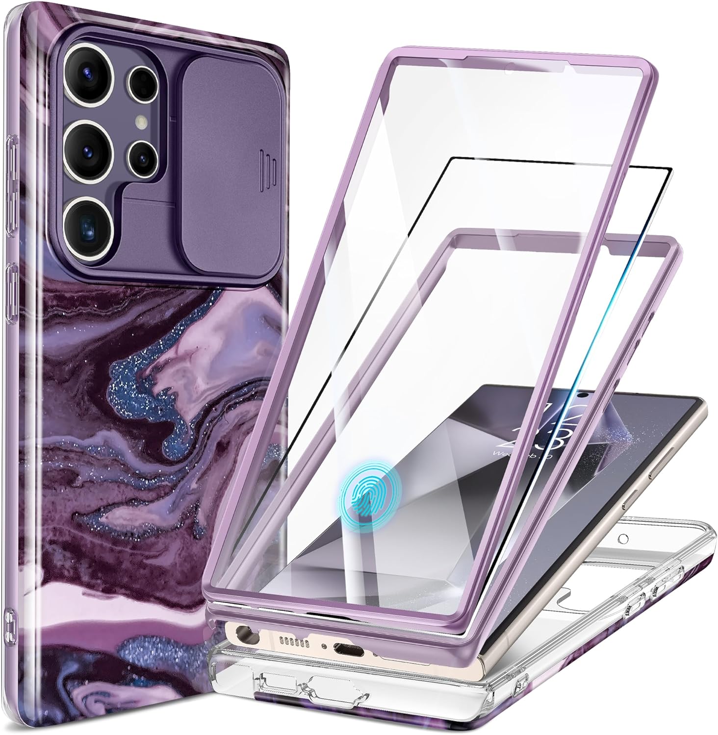 GVIEWIN for Samsung Galaxy S24 Ultra Case, [Slide Camera Cover & Built-in Screen Protector] [2 Front Frame] Military Grade Shockproof Marble Phone Case Cover 6.8 (Quicksand/Purple)