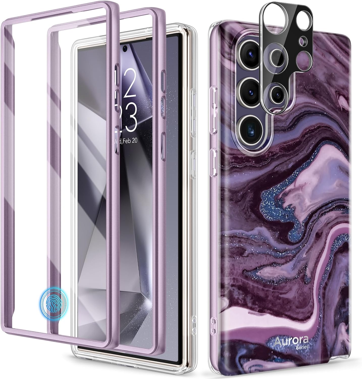 GVIEWIN Designed for Samsung Galaxy S24 Ultra Case, [Built-in Screen Protector + Camera Lens Protector ][2 Front Frames] Military Grade Drop Protective, Stylish Marble Phone Cover(Quicksand/Purple)