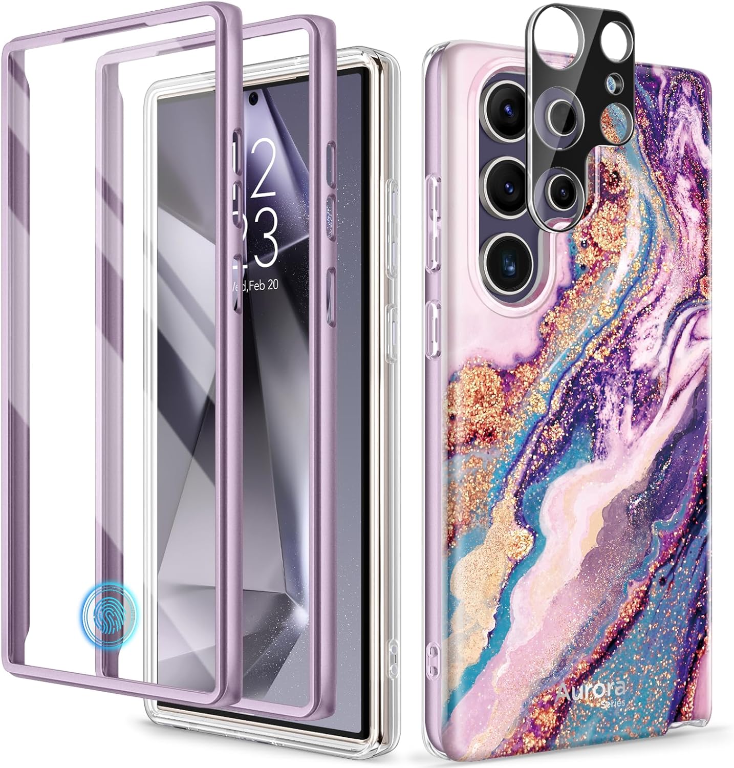 GVIEWIN Designed for Samsung Galaxy S24 Ultra Case, [Built-in Screen Protector   Camera Lens Protector ][2 Front Frames] Military Grade Drop Protective, Marble Phone Cover(Dreamland River/Purple)