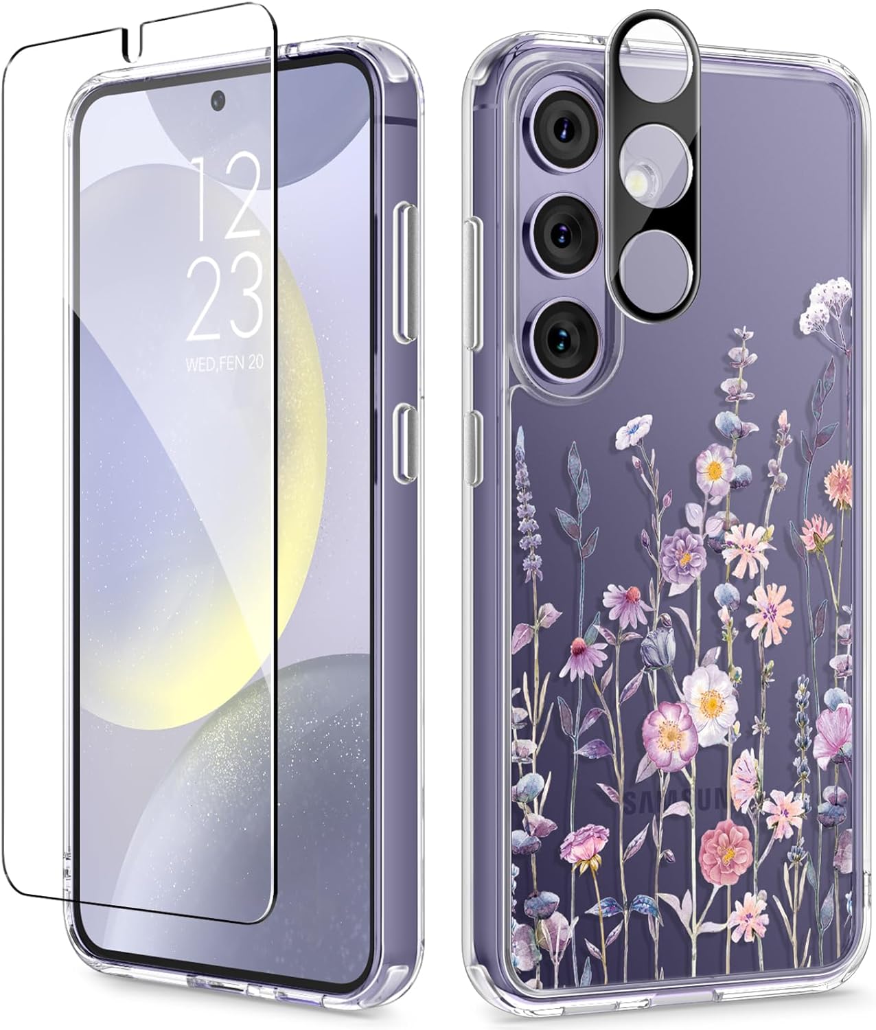 GVIEWIN Compatible with Samsung Galaxy S24 Plus Case with Screen Protector+Camera Lens Protector, Clear Stylish Floral Pattern Slim Protective S24+ Plus Cover for Women 6.7 (Floratopia/Colorful)