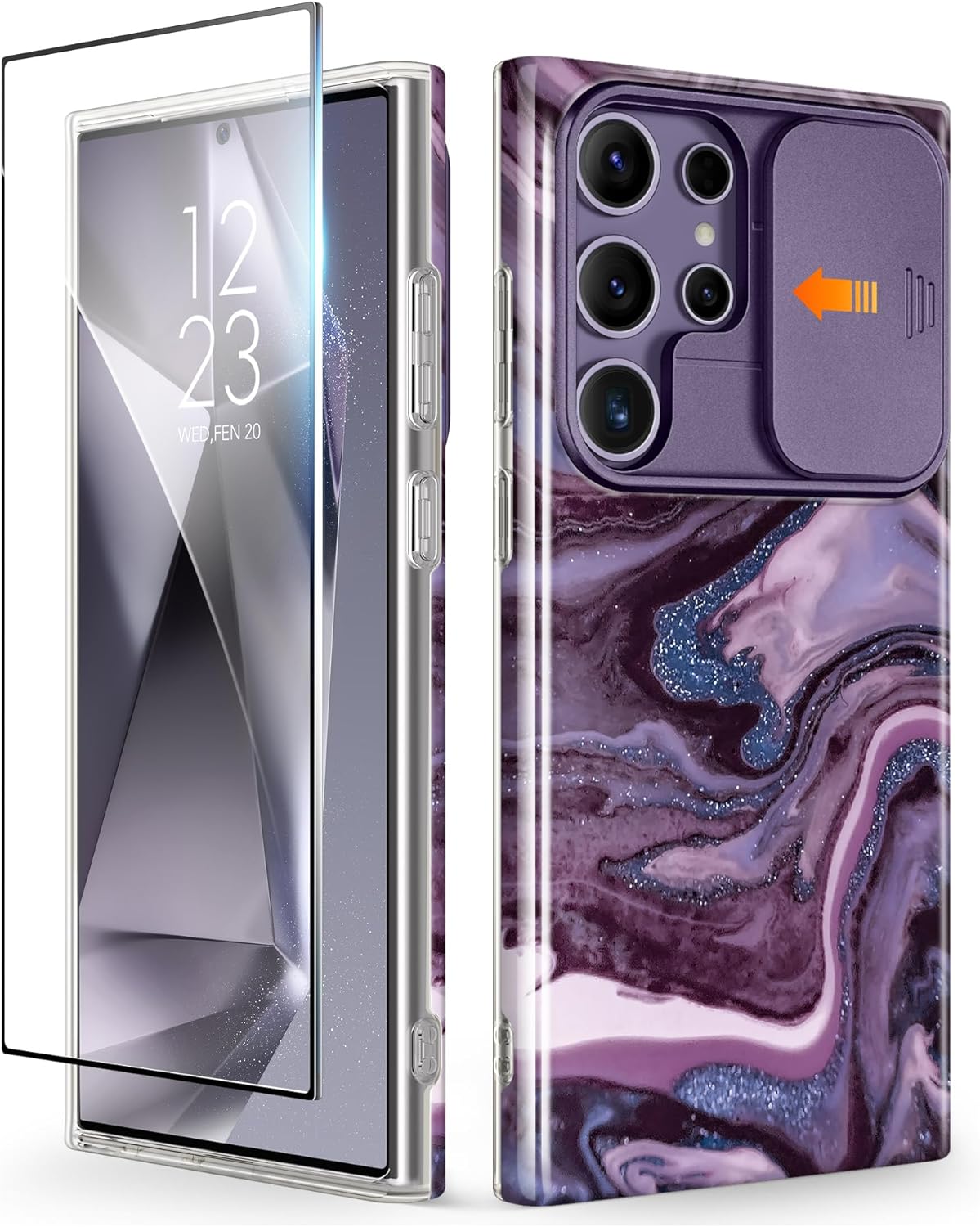 GVIEWIN Compatible with Samsung Galaxy S24 Ultra Case with Slide Camera Cover Screen Protector, [Military Grade Shockproof] Marble Protective Phone Case for S24 Ultra 5G 6.8 (Quicksand/Purple)