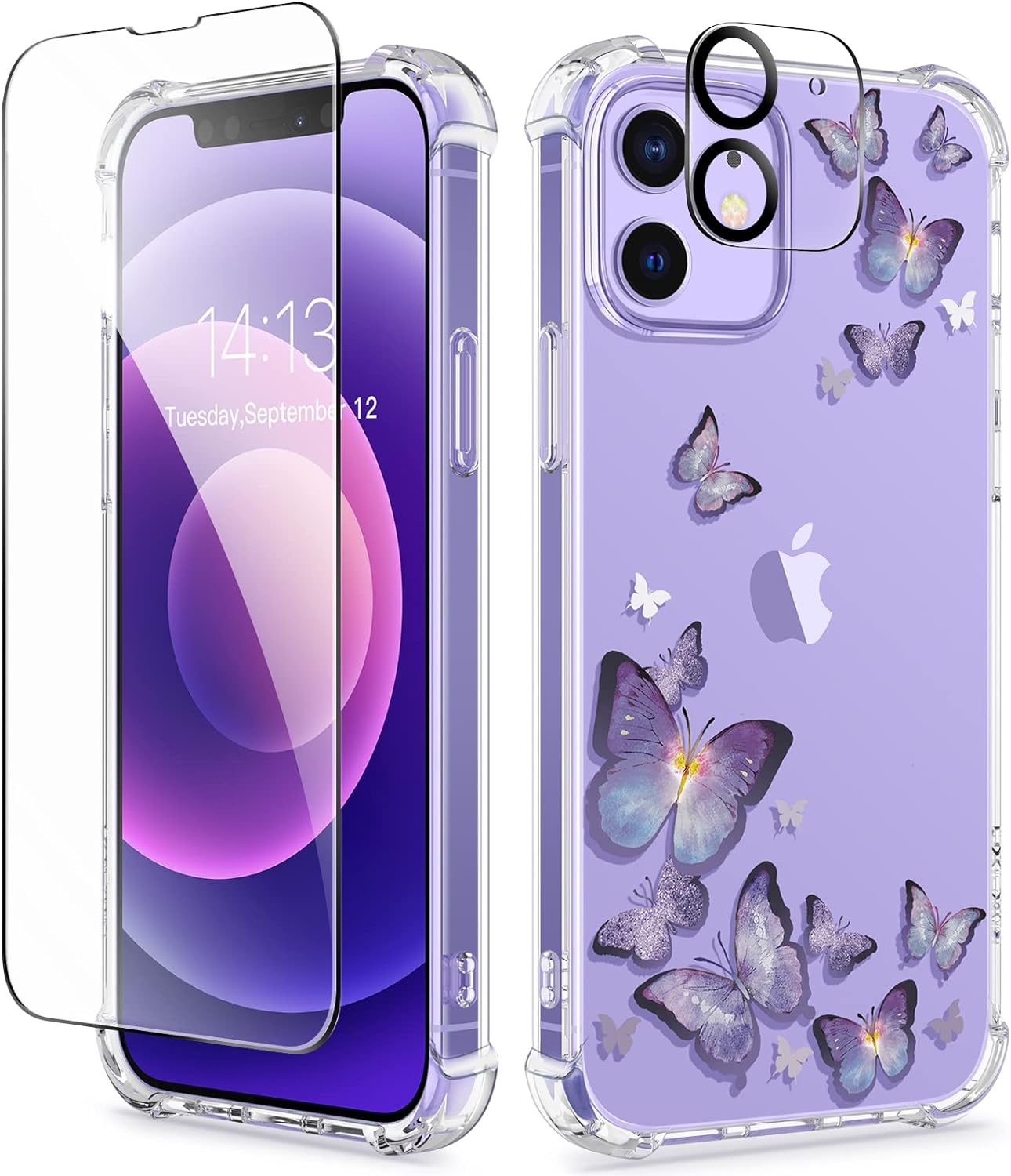GVIEWIN for iPhone 12 Case and iPhone 12 Pro Case with Screen Protector + Camera Lens Protector, Clear Floral Flexible TPU Shockproof Women Girls Flower Phone Case 6.1(Alluring Butterfly/Purple)