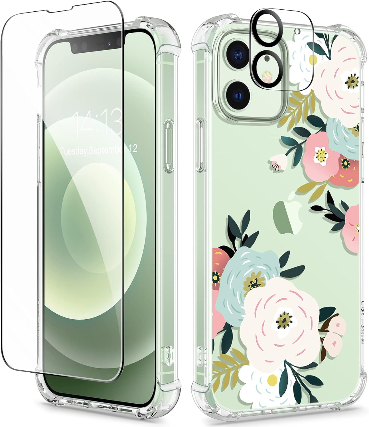 GVIEWIN for iPhone 12 Case and iPhone 12 Pro Case with Screen Protector + Camera Lens Protector, Clear Floral Flexible TPU Shockproof Women Girls Flower Phone Case 6.1(Abundant Blossom/White)