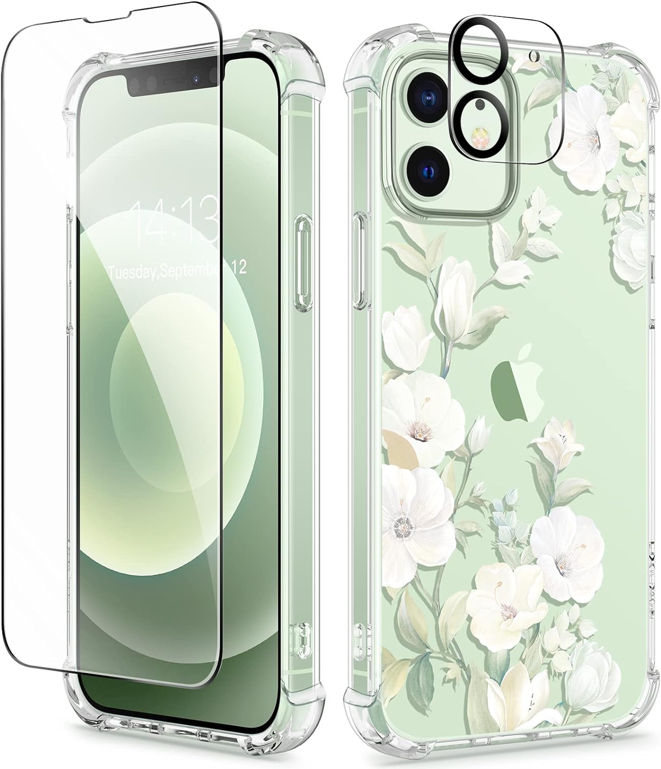 GVIEWIN for iPhone 12 Case and iPhone 12 Pro Case with Screen Protector + Camera Lens Protector, Clear Floral Flexible TPU Shockproof Cover Women Girls Flower Phone Case 6.1(Hibiscus/Green)