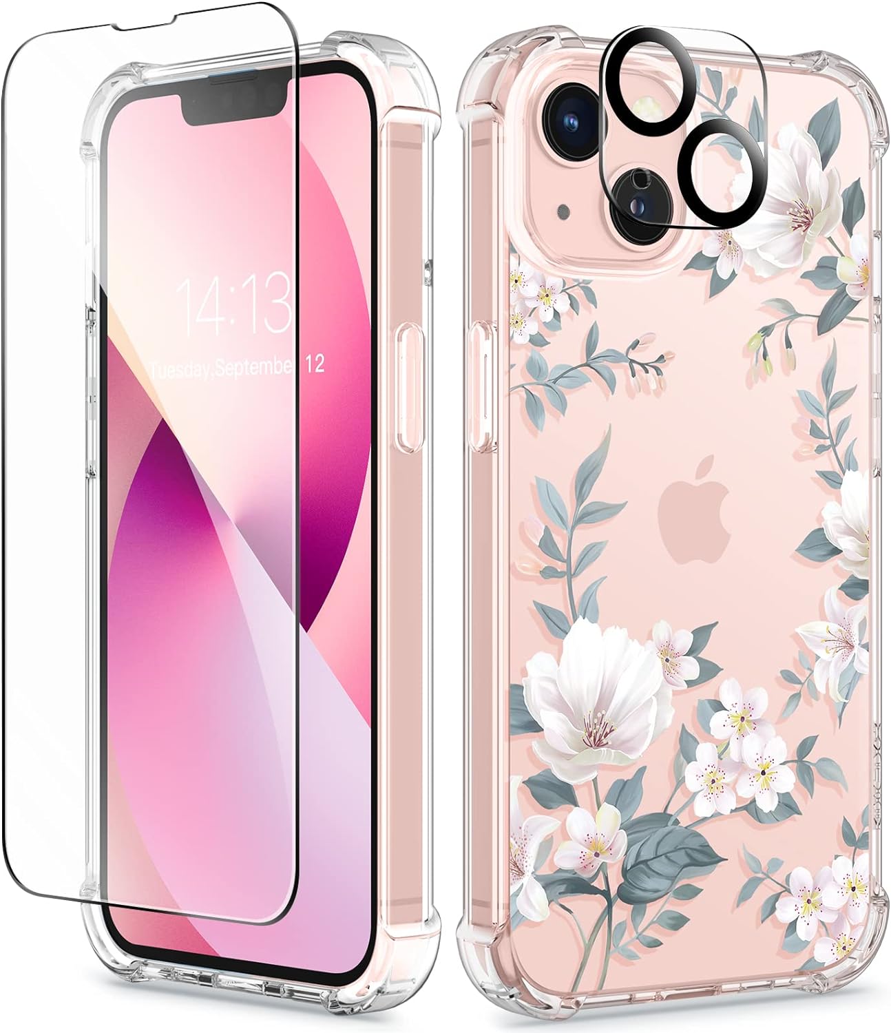 GVIEWIN Designed for iPhone 13 Case 6.1 Inch, with Tempered Glass Screen Protector + Camera Lens Protector Clear Flower Soft & Flexible Shockproof Floral Women Phone CoverMagnolia/White