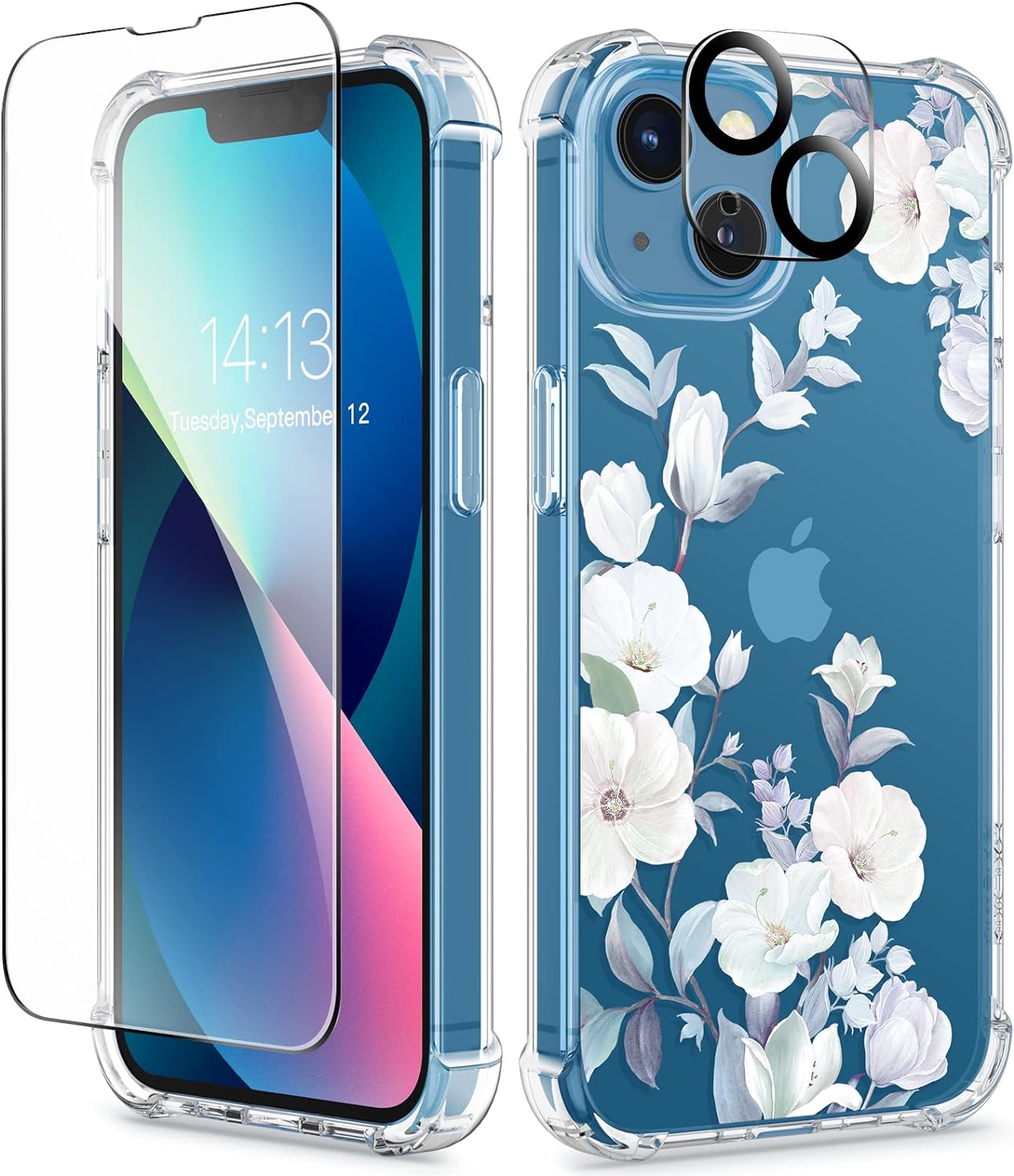 GVIEWIN Designed for iPhone 13 Case 6.1 Inch, with Tempered Glass Screen Protector + Camera Lens Protector Clear Flower Soft & Flexible Shockproof Floral Women Phone Cover (Hibiscus)