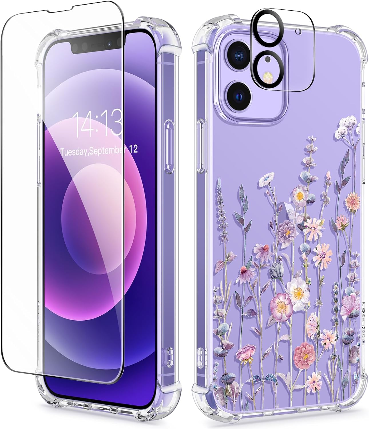 GVIEWIN for iPhone 12 Case and iPhone 12 Pro Case with Screen Protector + Camera Lens Protector, Clear Flexible TPU Shockproof Cover Women Girls Flower Pattern Phone Case 6.1 (Floratopia/Colorful)