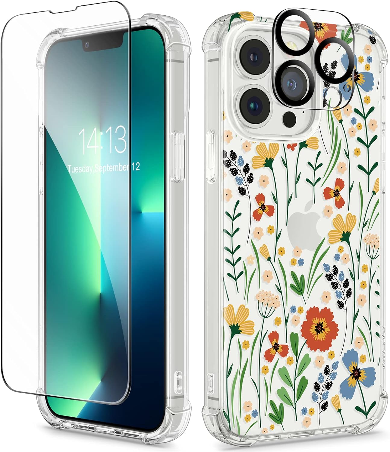 GVIEWIN for iPhone 13 Pro Case with Screen Protector & Camera Lens Protector, [10FT Military Grade Drop Protection] Clear Shockproof Slim Fit Floral Phone Case for Women (Blooming Flowerets/Orange)
