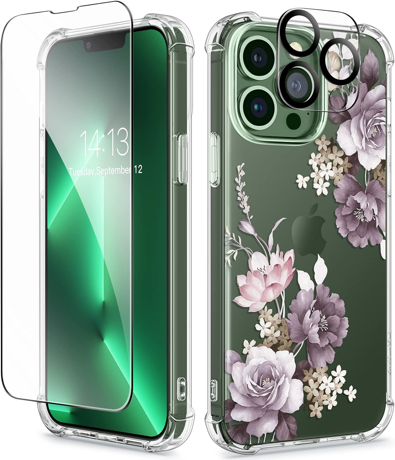 GVIEWIN for iPhone 13 Pro Case with Screen Protector & Camera Lens Protector, [10FT Military Grade Drop Protection] Clear Shockproof Slim Fit Floral Phone Case for Women Girls (Cherry Blossoms/Purple)