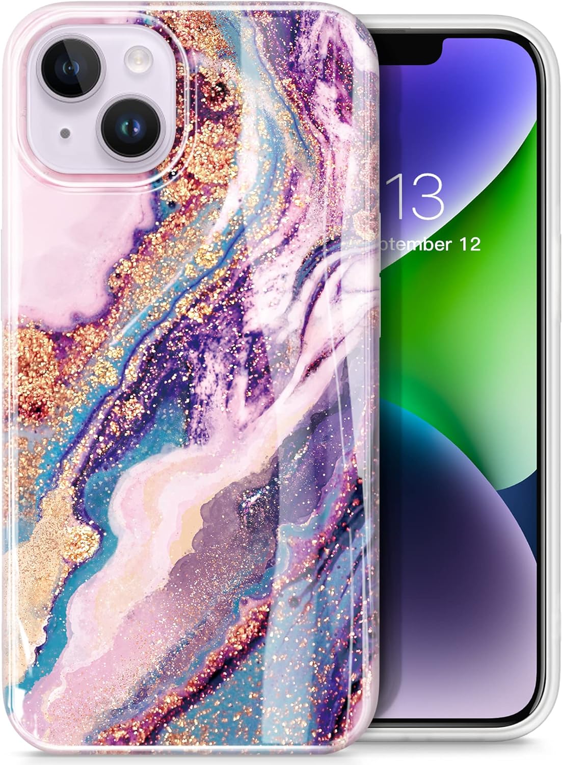 GVIEWIN Designed for iPhone 14 Case, for iPhone 13 Case 6.1, [10FT Military Grade Drop Test] Marble Soft Slim TPU Protective Shockproof Phone Case Cover, Dreamland River/Purple