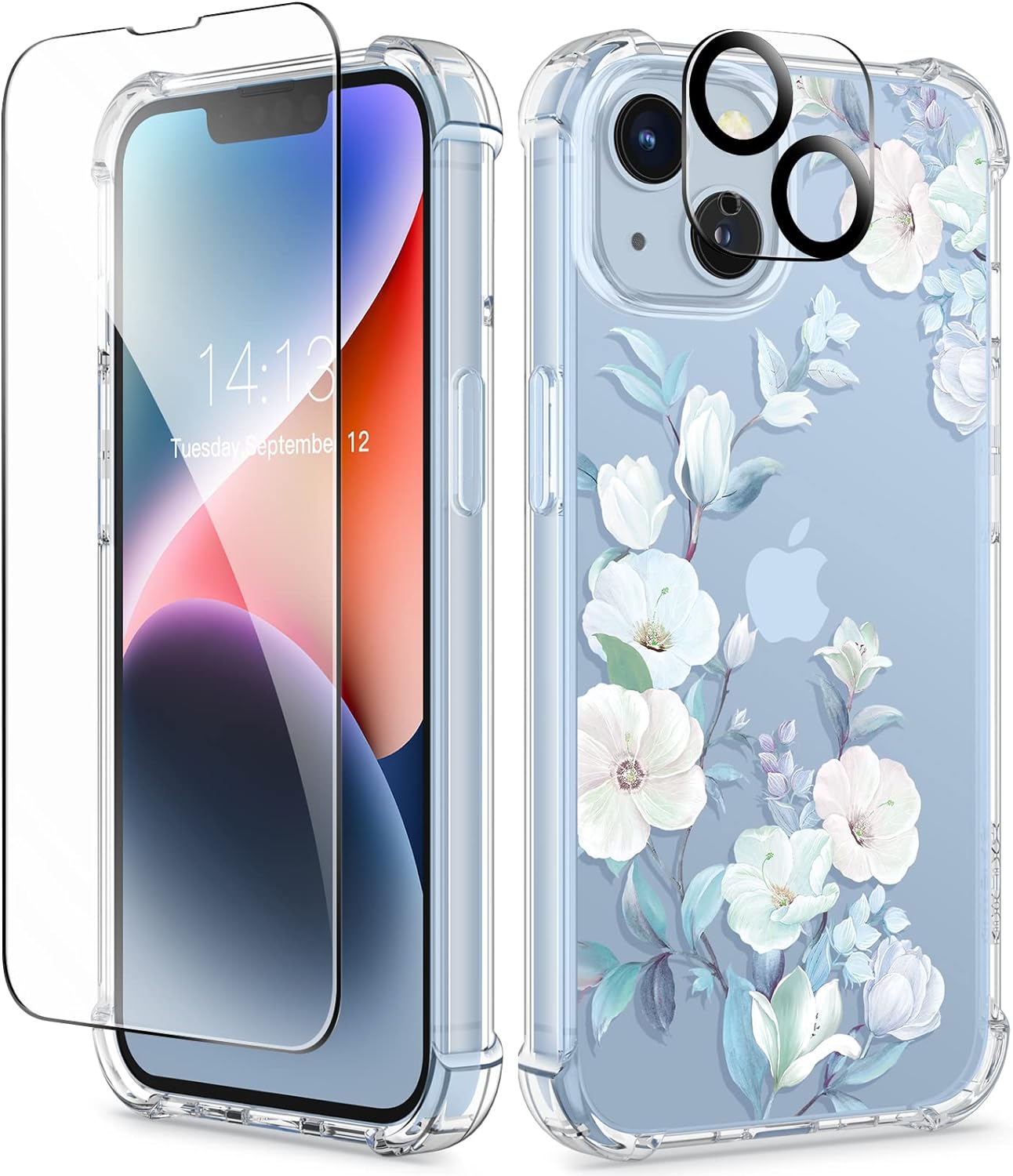 GVIEWIN for iPhone 14 Case Floral, with Screen Protector + Camera Lens Protector, [Non Yellowing] Soft Shockproof Clear Phone Protective Cover for Women, Flower Pattern Design 6.1 (Hibiscus)
