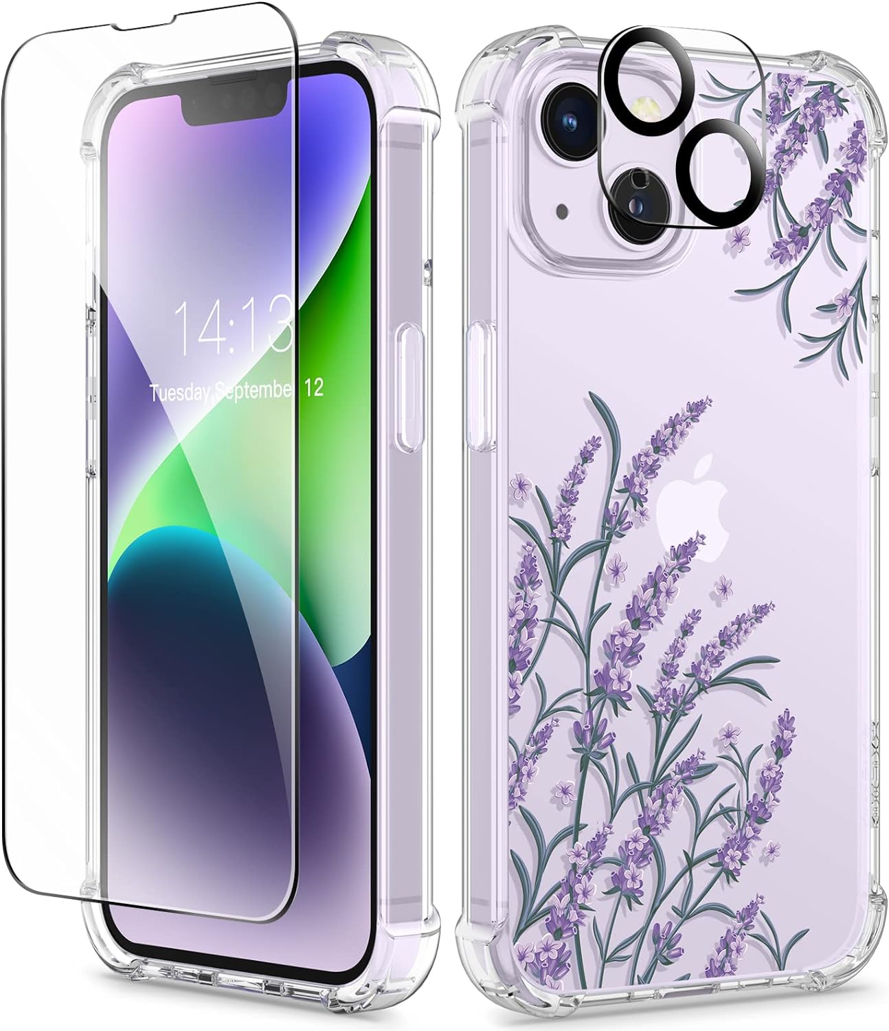 GVIEWIN for iPhone 14 Case Floral, with Screen Protector + Camera Lens Protector, [Non Yellowing] Soft Shockproof Clear Phone Protective Cover for Women, Flower Pattern Design 6.1 (Daphne/Purple)