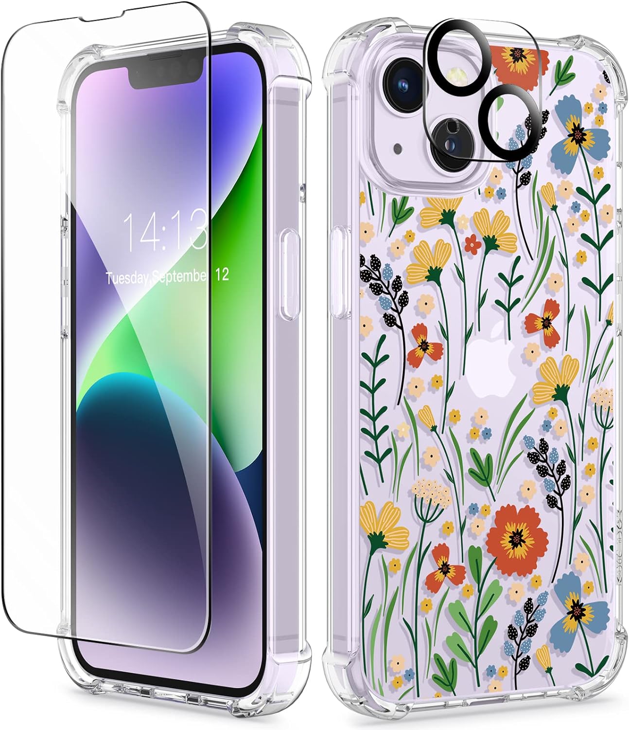 GVIEWIN for iPhone 14 Case Floral, with Screen Protector + Camera Lens Protector, [Non Yellowing] Soft Shockproof Clear Phone Protective Cover for Women, Flower Pattern Design 6.1(Blooming Flowerets)