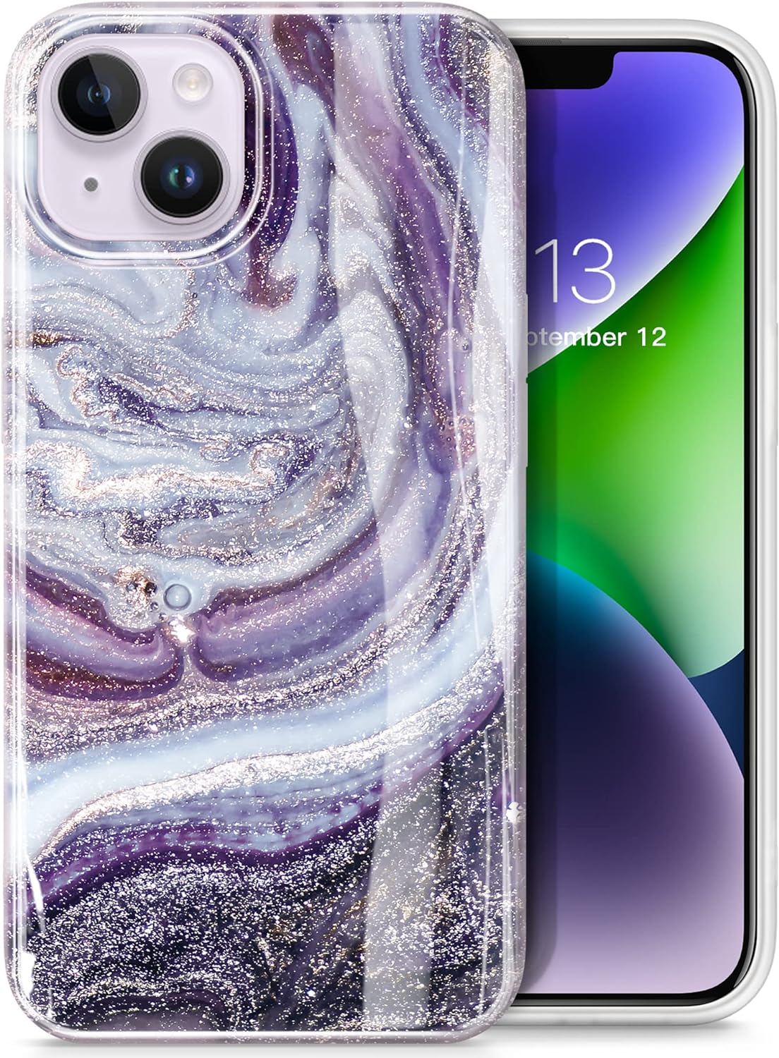 GVIEWIN Designed for iPhone 14 Case, for iPhone 13 Case 6.1, [10FT Military Grade Drop Test] Marble Soft Slim TPU Protective Shockproof Phone Case Cover, Milky Way/Purple
