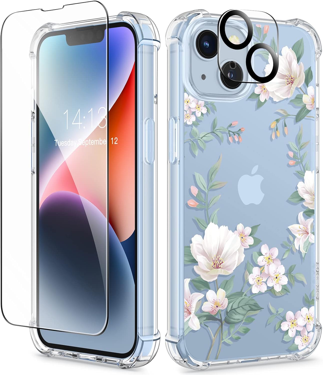 GVIEWIN for iPhone 14 Case Floral, with Screen Protector + Camera Lens Protector, [Non Yellowing] Soft Shockproof Clear Phone Protective Cover for Women, Flower Pattern Design 6.1 (Magnolia/White)