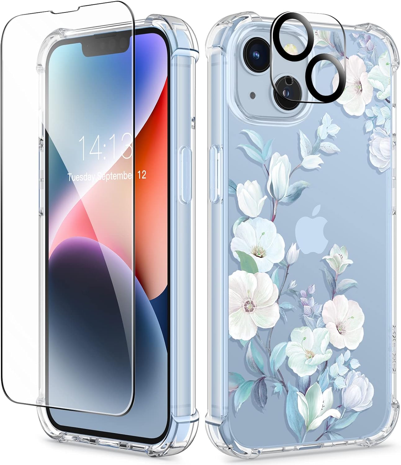 GVIEWIN Case Compatible with iPhone 14 Plus 6.7 Inch,with Screen Protector + Camera Lens Protector, Clear Flower Shockproof Soft Protective Floral Designed Women Phone Cover, 2022 (Hibiscus)
