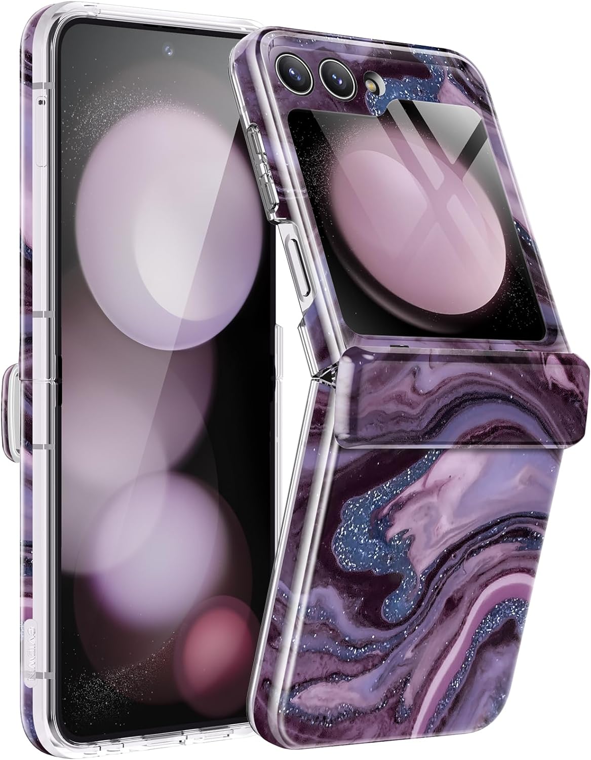 GVIEWIN Design for Samsung Galaxy Z Flip 5 Case with Hinge Protection, [Built-in Front Screen Protector] Marble Hard PC Slim Shockproof Full Body Protective Z Flip5 5G Cover (Quicksand/Purple)