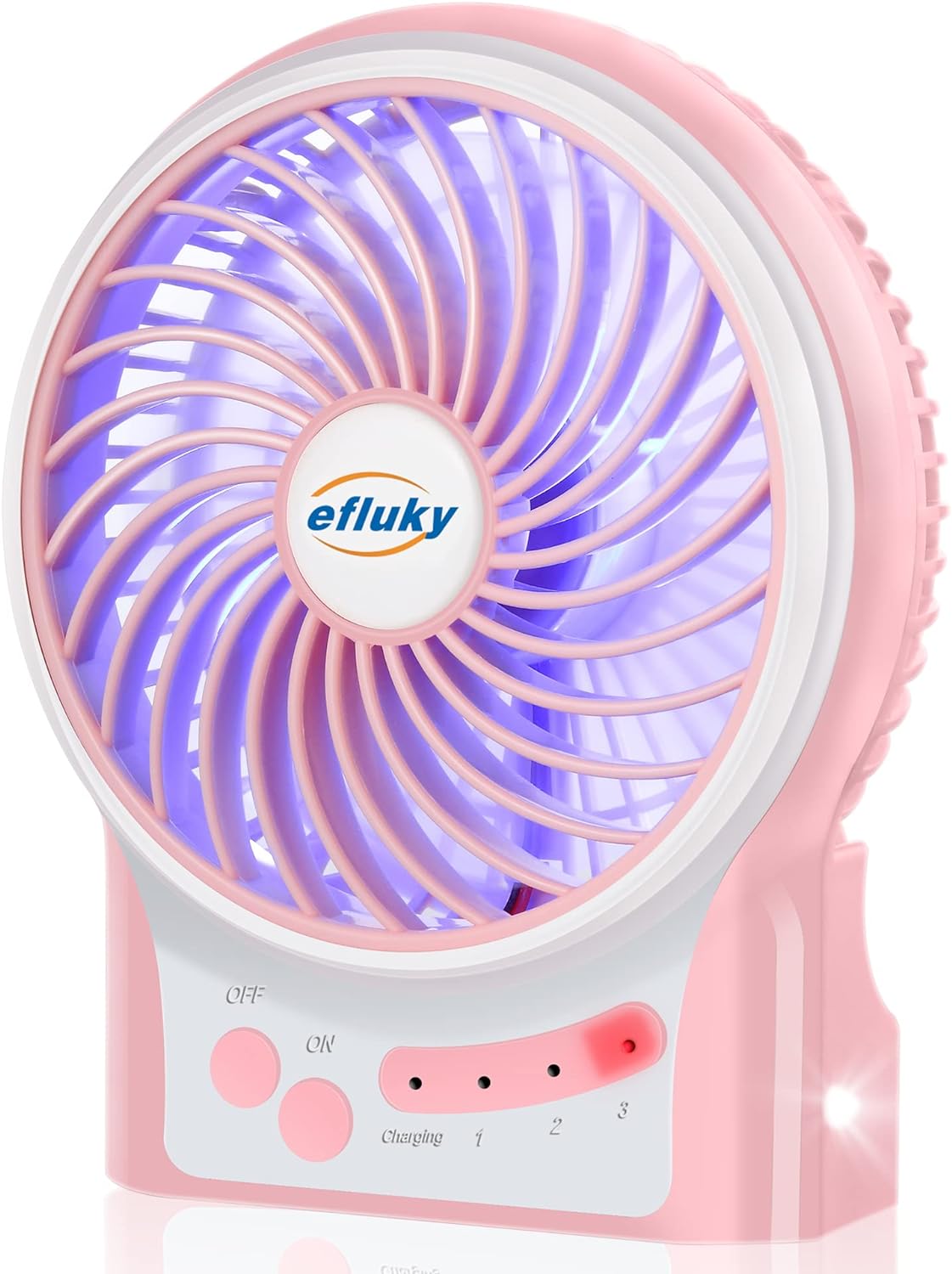 efluky 3 Speeds Mini Desk Fan, Rechargeable Battery Operated Fan with LED Light, Portable USB Fan Quiet for Home, Office, Travel, Camping, Outdoor, Indoor Fan, 4.9-Inch, Pink