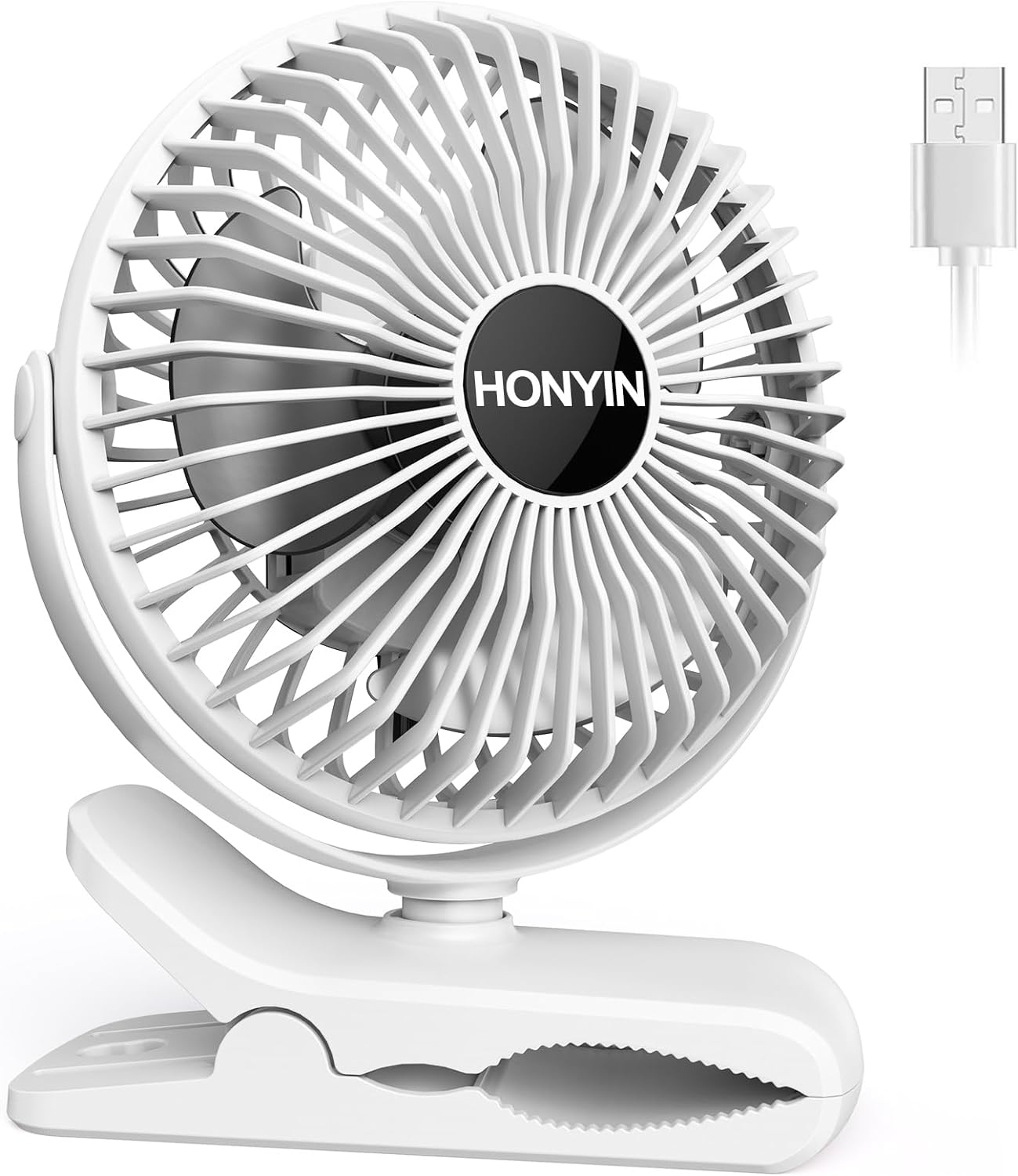 HONYIN USB Clip on Fan, 720 Rotation Small Desk & Clip Fan, Personal Cooling Fan with Sturdy Clamp, 3 Speeds, Quiet Little Fan by USB Plug In, for Bedroom Office Desktop Treadmill