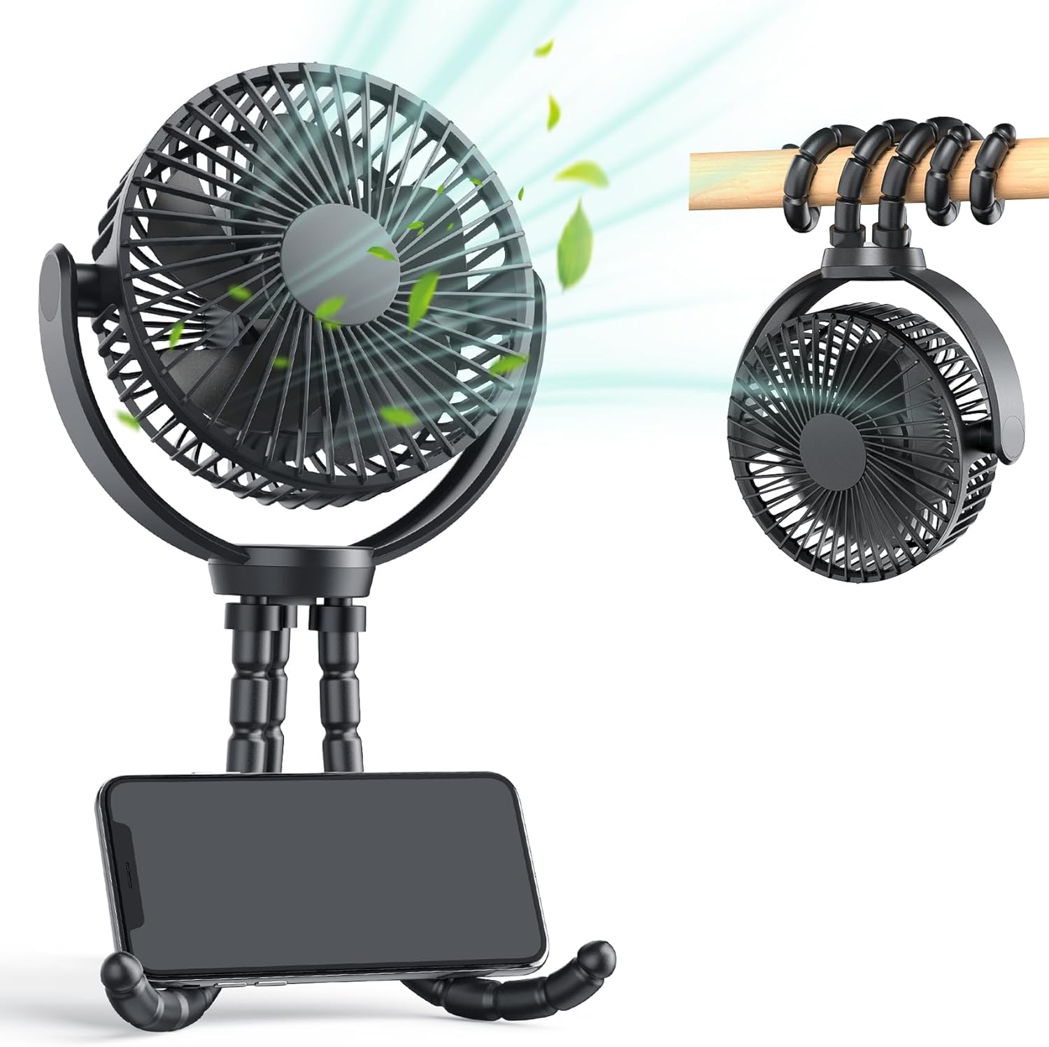 ATEngeus Stroller Fan, Mini Portable Clip on Fan, 3 Speed Battery Operated Fan, 5000mAh Rechargeable Fan, 720 Rotate Flexible Tripod Handheld Fan for Car Seat Camp Treadmill Travel