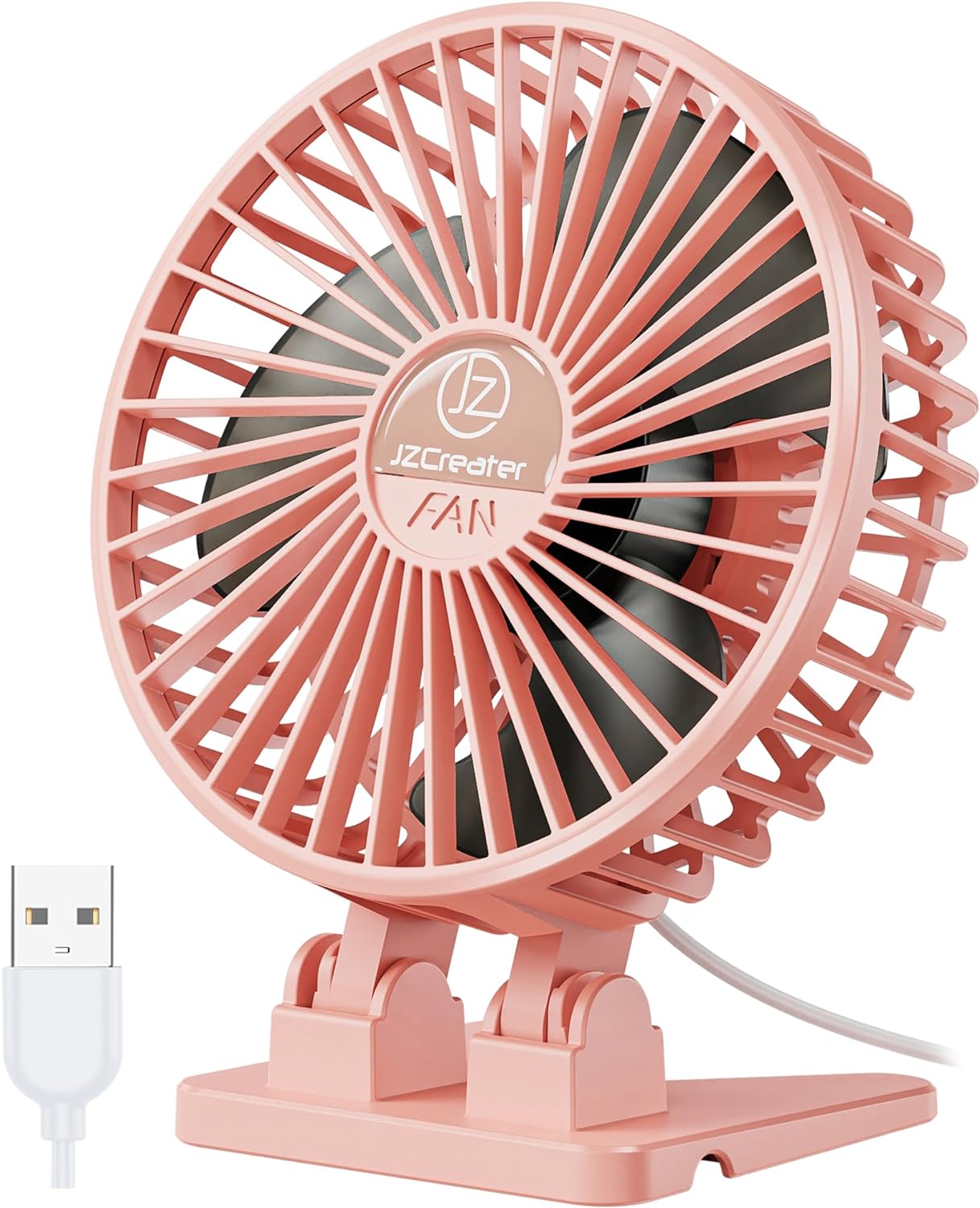 JZCreater USB Desk Fan, Mini Fan Portable, 3 Speeds Desktop Table Cooling Fan, Plug in Power Fan, Rotation Strong Wind, Quiet Personal Small Fan for Home Desktop Office Travel Bedroom, Pink