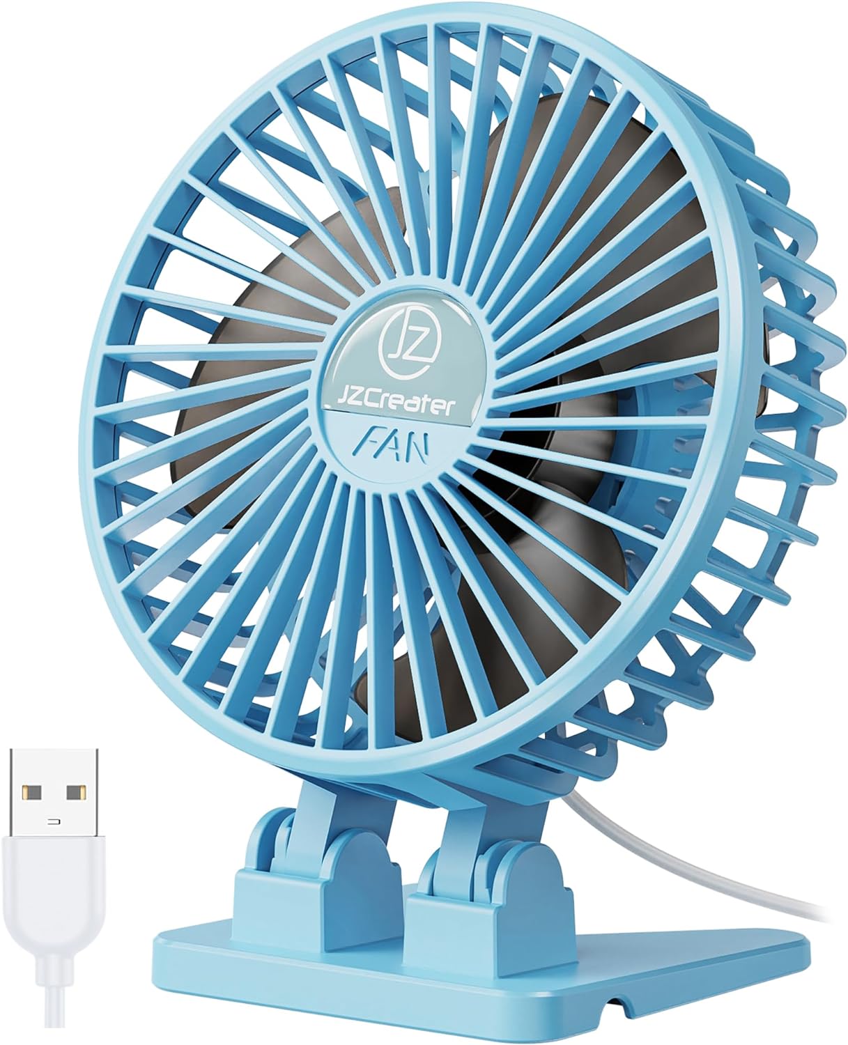 JZCreater USB Desk Fan, Mini Fan Portable, 3 Speeds Desktop Table Cooling Fan, Plug in Power Fan, Rotation Strong Wind, Quiet Personal Small Fan for Home Desktop Office Travel Bedroom, Sky Blue