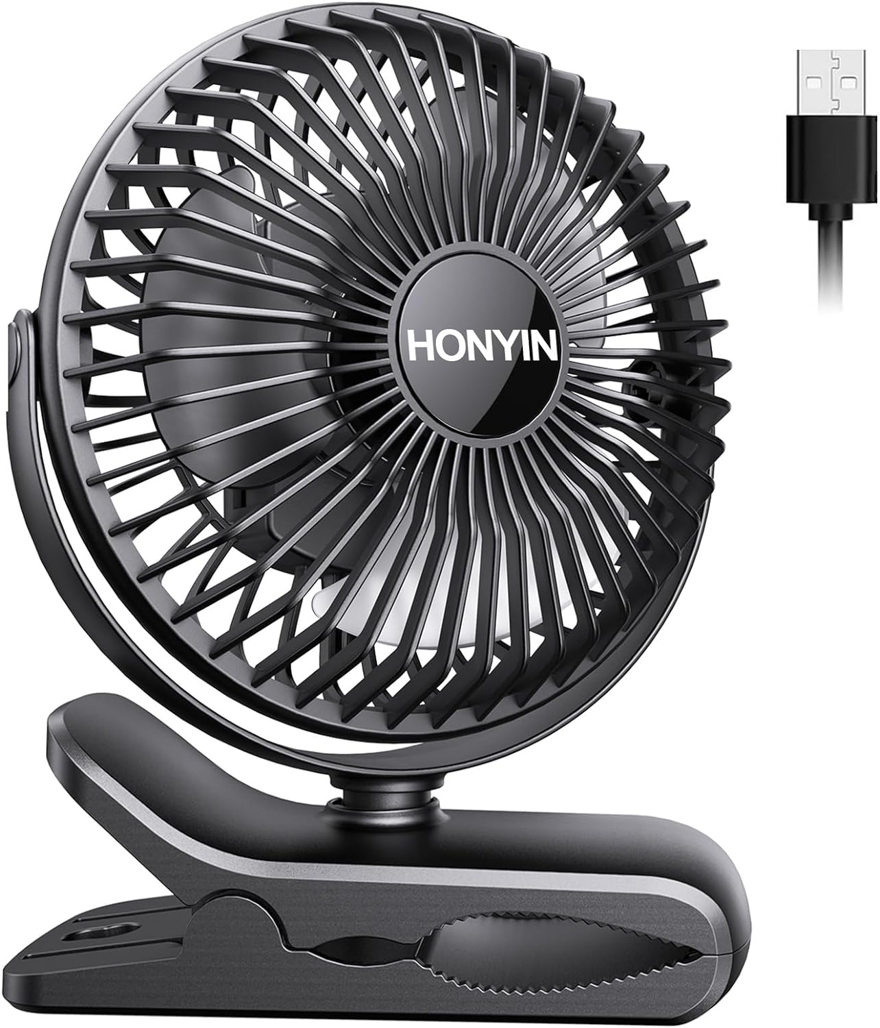 HONYIN 720 Rotation Small Desk & Clip on Fan with Sturdy Clamp, 3 Speeds, Quiet Little Personal Cooling Fan by USB Plug In, for Bedroom Office Desktop Treadmill