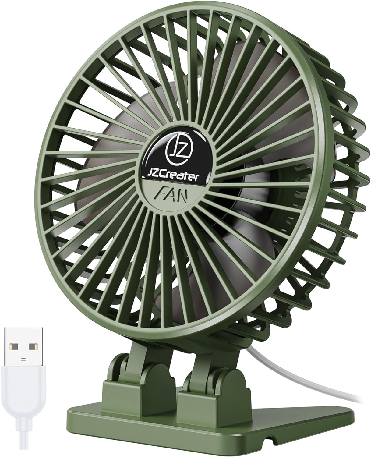JZCreater USB Desk Fan, Mini Fan Portable, 3 Speeds Desktop Table Cooling Fan, Plug in Power Fan, Rotation Strong Wind, Quiet Personal Small Fan for Home Desktop Office Travel Bedroom, Army Green