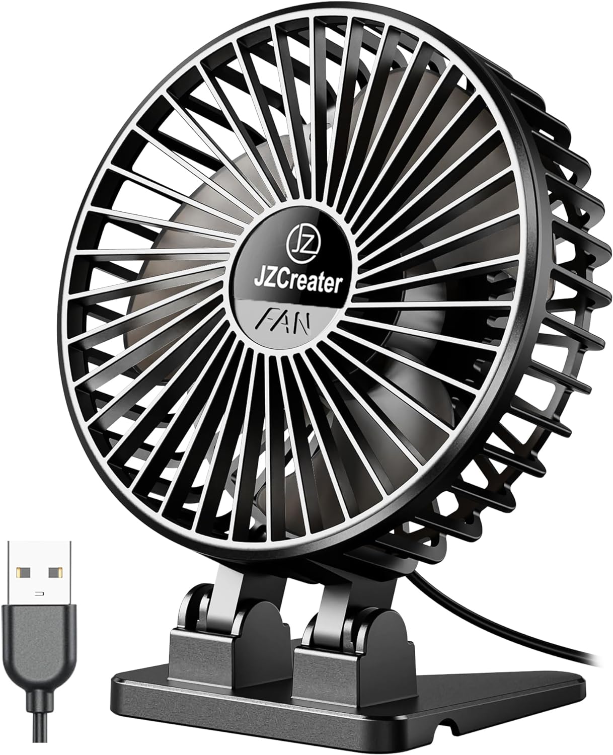 JZCreater USB Desk Fan, Mini Fan Portable, 3 Speeds Desktop Table Cooling Fan, Plug in Power Fan, Rotation Strong Wind, Quiet Personal Small Fan for Home Desktop Office Travel Bedroom, Black Black