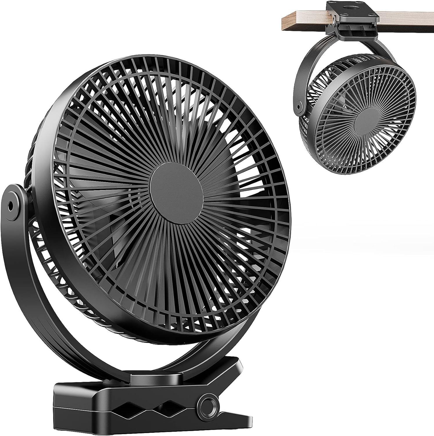 ATEngeus USB Desk Fan, Rechargeable Portable Fan, 8-Inch Clip on Fan, 10000mAh Stroller Fan, 4 Speeds Strong Airflow, 720 Rotation, with Sturdy Clamp, Suitable for home, office and stroller