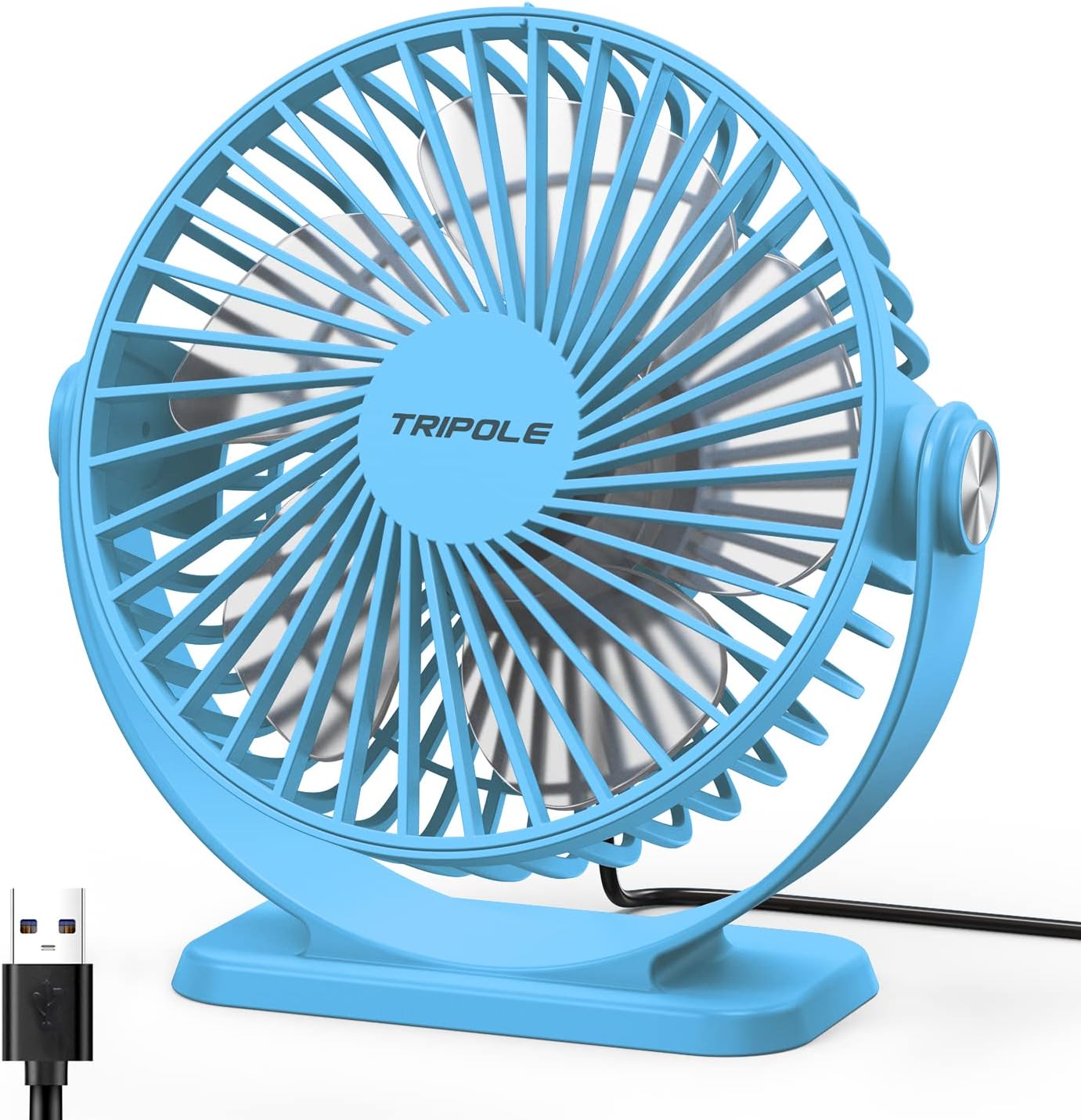 TriPole USB Powered Desk Fan Small Personal Fan 3 Speeds Strong Airflow Mini Fan 360Rotation Portable Fan 5.1 Inch Table Fan for Home Office Bedroom Desktop, Blue, 4.9ft Cable