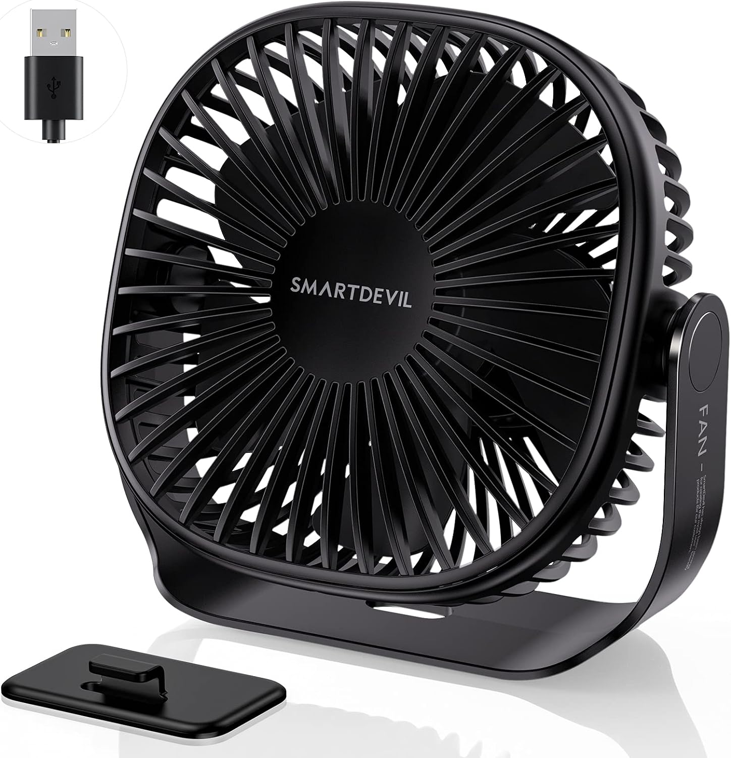 SmartDevil Small USB Desk Fan, 3 Speeds Portable Personal Desktop Table Fan with Pasteable Hook, Dual 360 Adjustment Mini Fan, Quiet Operation, for Home Office Car Outdoor Travel (Black)