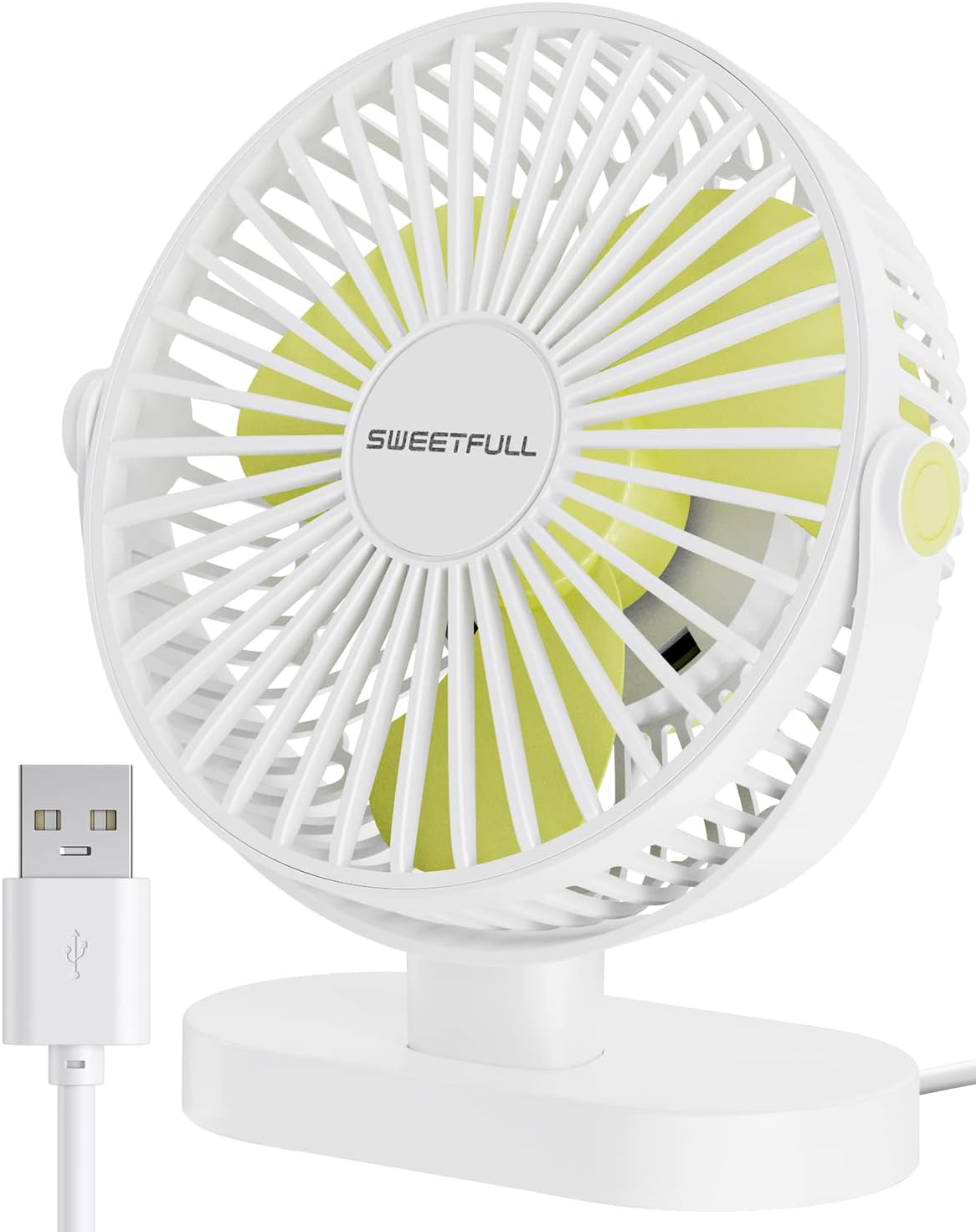 SWEETFULL USB Desk Fan Small Quiet - 3 Speeds Mini Personal Portable Fan 360 Rotation Adjustable, 6 Inch Office Table Cooling Gadgets on Desktop (white yellow)