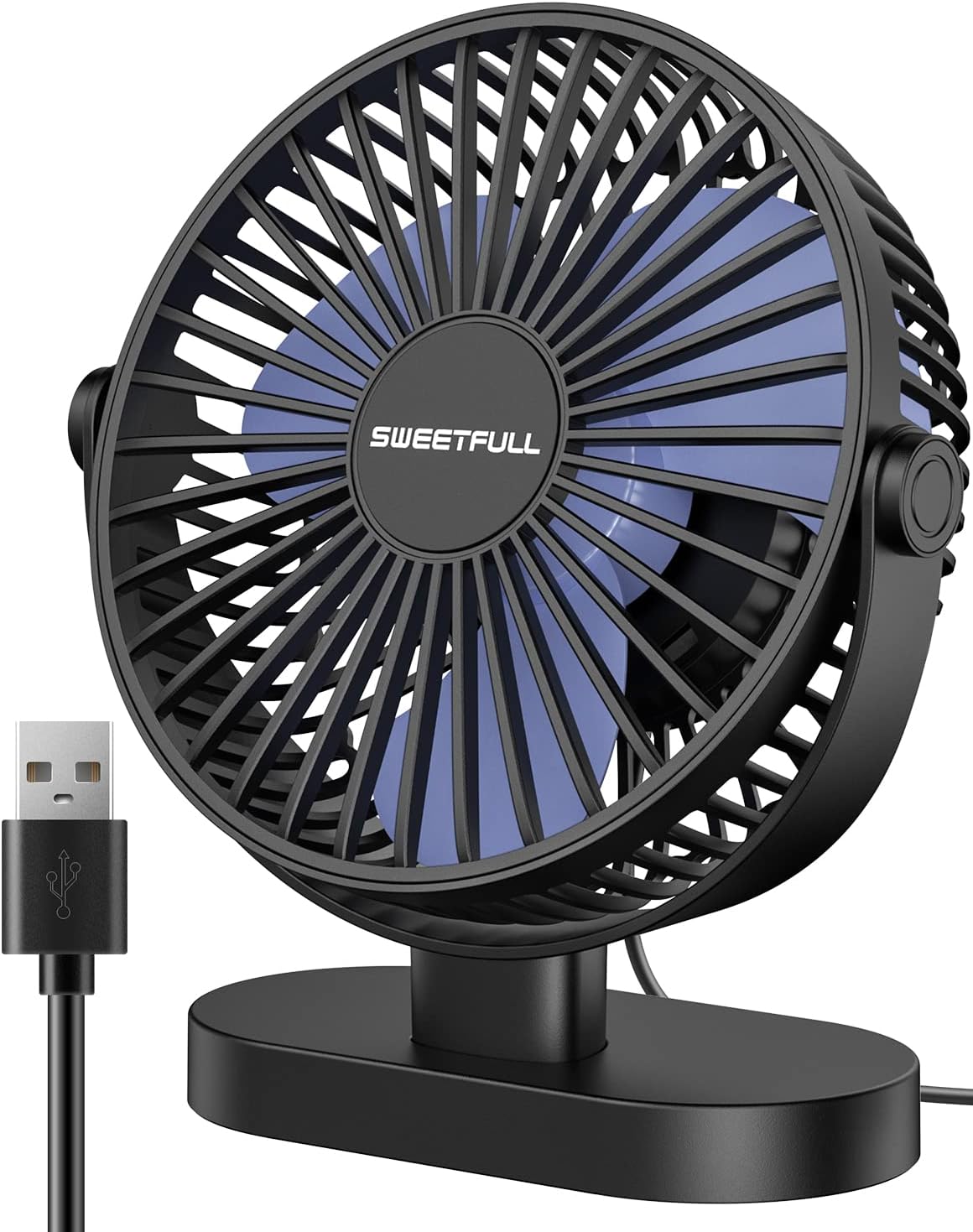 SWEETFULL USB Desk Fan Small Quiet - 3 Speeds Mini Personal Portable Fan 360 Rotation Adjustable, 6 Inch Office Table Cooling Gadgets on Desktop (Black Blue)