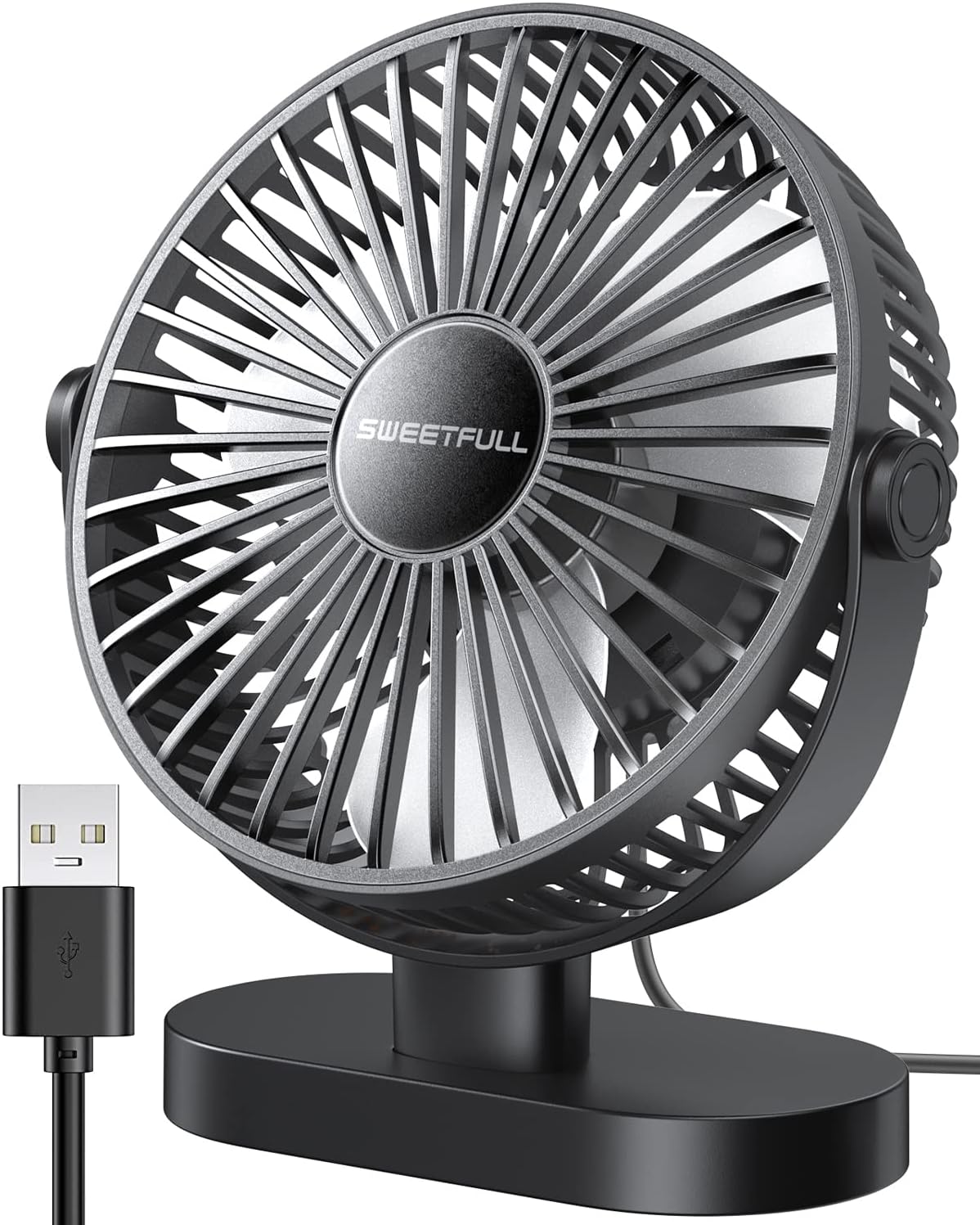 SWEETFULL USB Desk Fan Small Quiet - 3 Speeds Mini Personal Portable Fan 360 Rotation Adjustable, 6 Inch Office Table Cooling Gadgets on Desktop (Black)