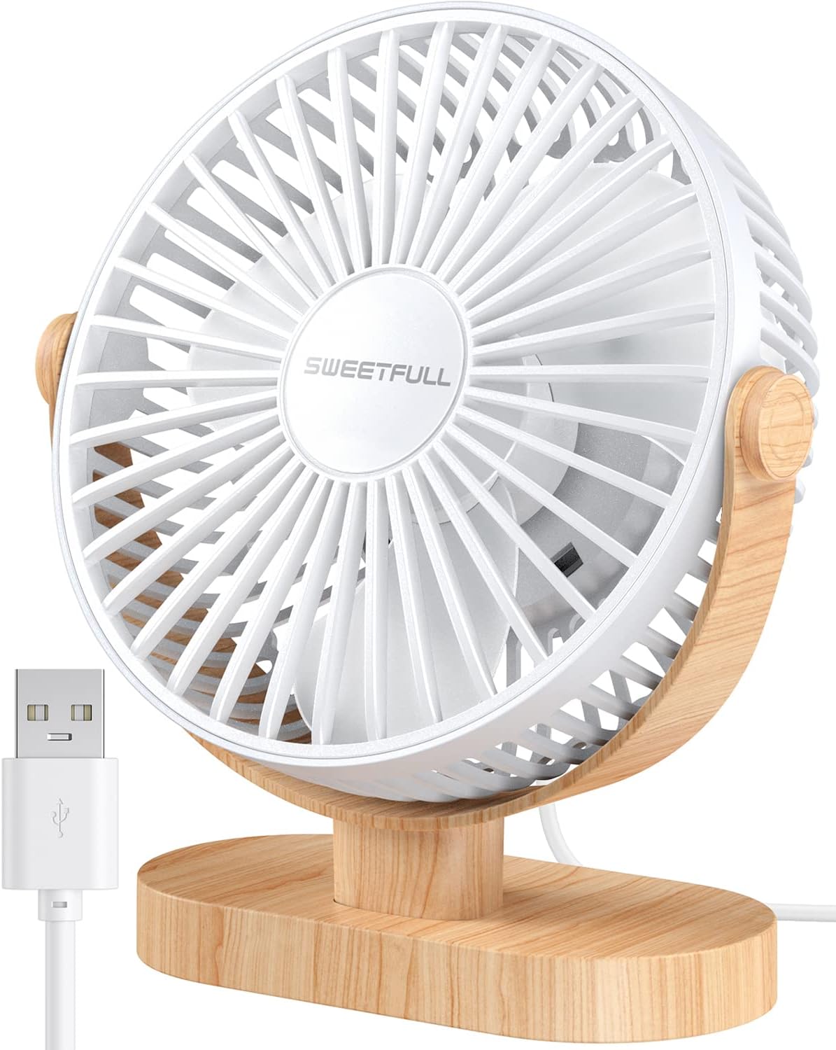 SWEETFULL Small USB Desk Fan 6.5 Inch, 3 Speeds Portable Personal Desktop Table Fan, Dual 360 Adjustment Mini Fan, Quiet Operation, for Home Office Car Outdoor Travel (White wood grain)