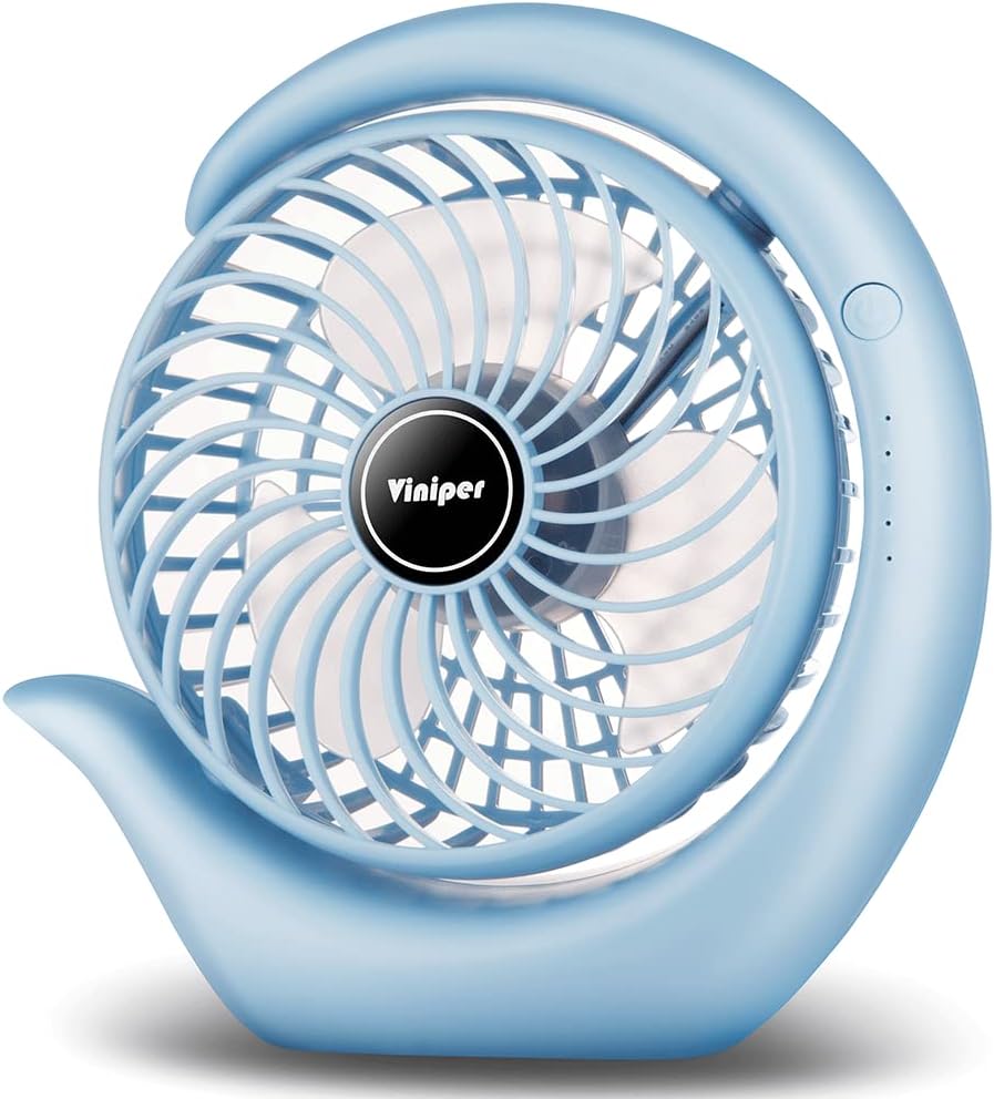 Viniper Rechargeable Portable Fan, Battery Desk Fan : 180 Rotation and 3 Speeds Small Office Fan, About 8-24 Hours Working for Home (Sky blue, White Blade)