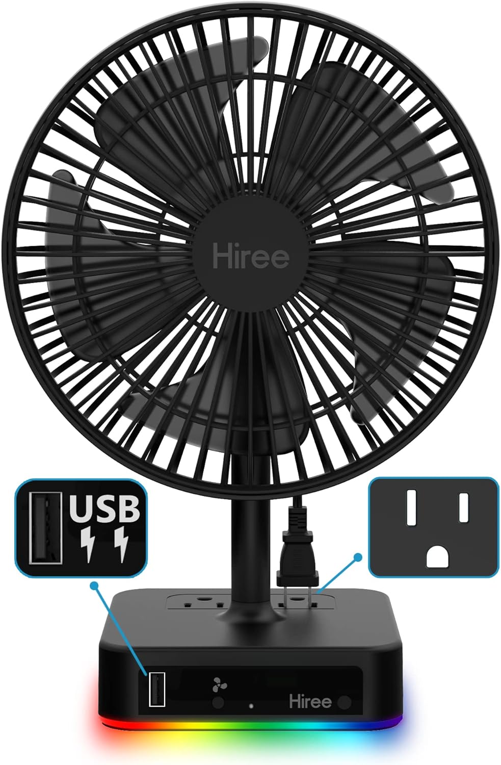 Desk Fan with USB Charging Port, 2 Speeds 6.7 Inch Small Desktop Table Fan with USB Charger, AC Outlets and LED Light, Strong Wind, Quiet Operation - Personal Fan for Bedroom, Home and Dorm Room