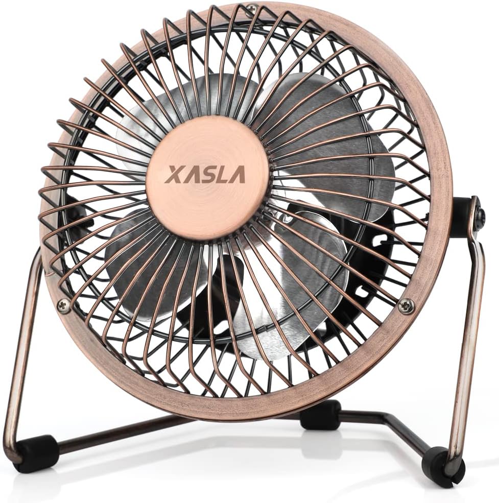 xasla 4 Inch Small USB Desk Fan, Mini Quiet Fan with Metal Construction & Strong Airflow & 360Adjustable Tilt Angle, Personal Cooling Fan for Desktop Office (Bronze)