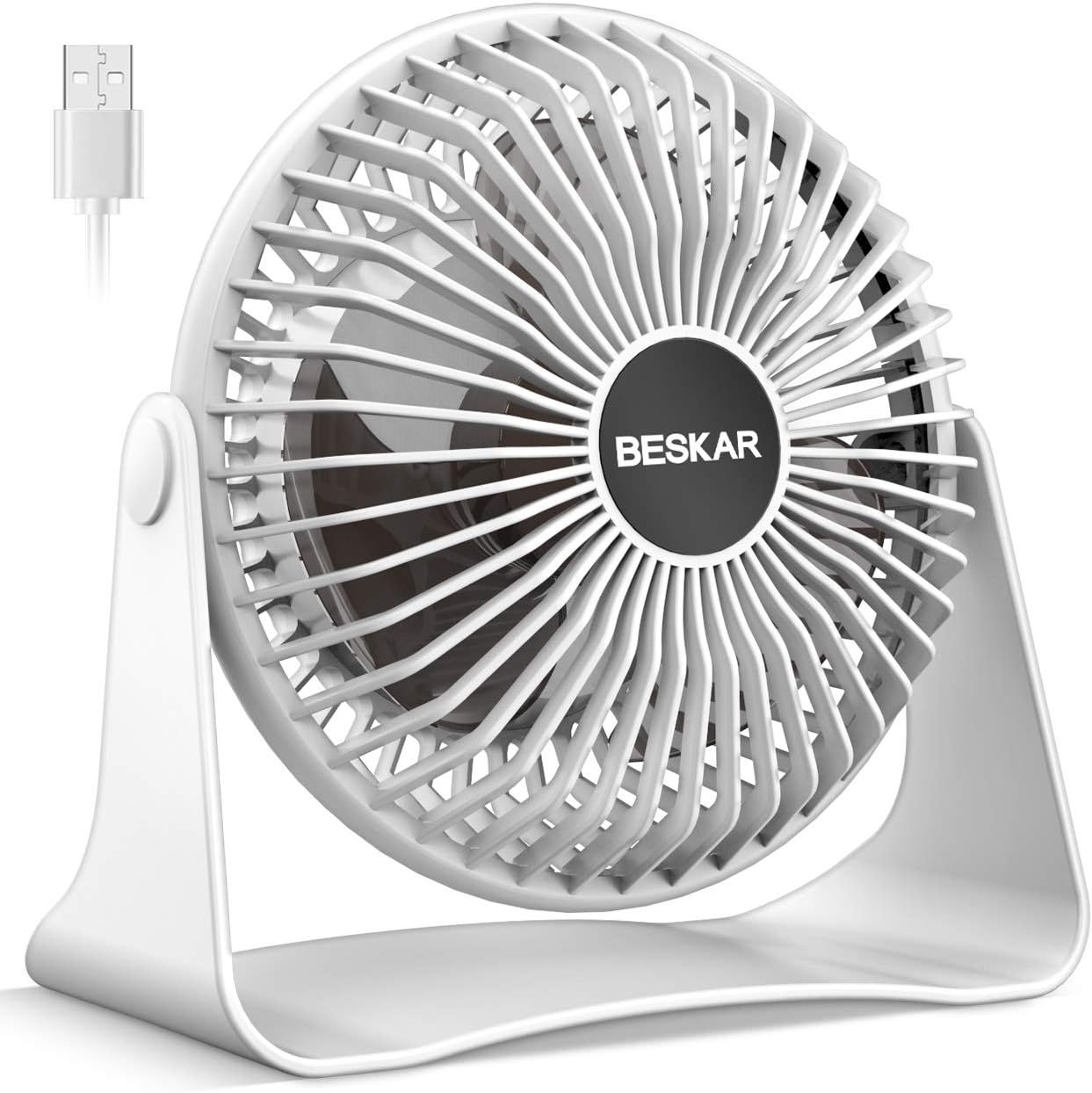 BESKAR USB Small Desk Fan, Portable Fans with 3 Speeds Strong Airflow, Quiet Operation and 360Rotate, Personal Table Fan for Home,Office, Bedroom- 3.9 ft Cord/White