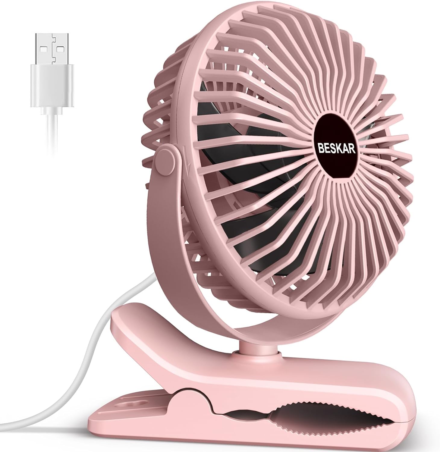 BESKAR Portable Small Clip on Fan with USB Cord Powered, 3 Speeds Strong Airflow, Personal Fan with Sturdy Clamp, Quiet Desk & Clip Fan, No Battery