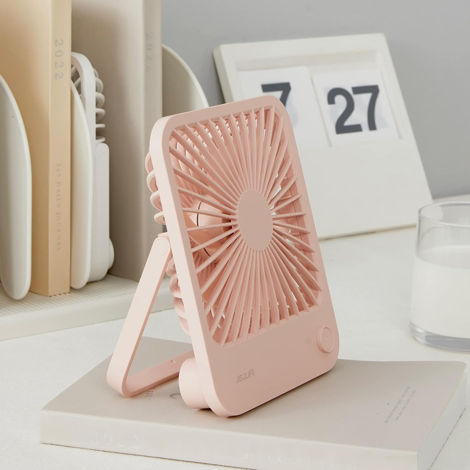 JISULIFE Desk Fan Battery Rechargable Fan4500mAh 180Foldable Portable Personal Fan, 4 Speeds Adjustable Long Battery-life for Home Office Travel Outdoor Gifts for Women Men-Pink