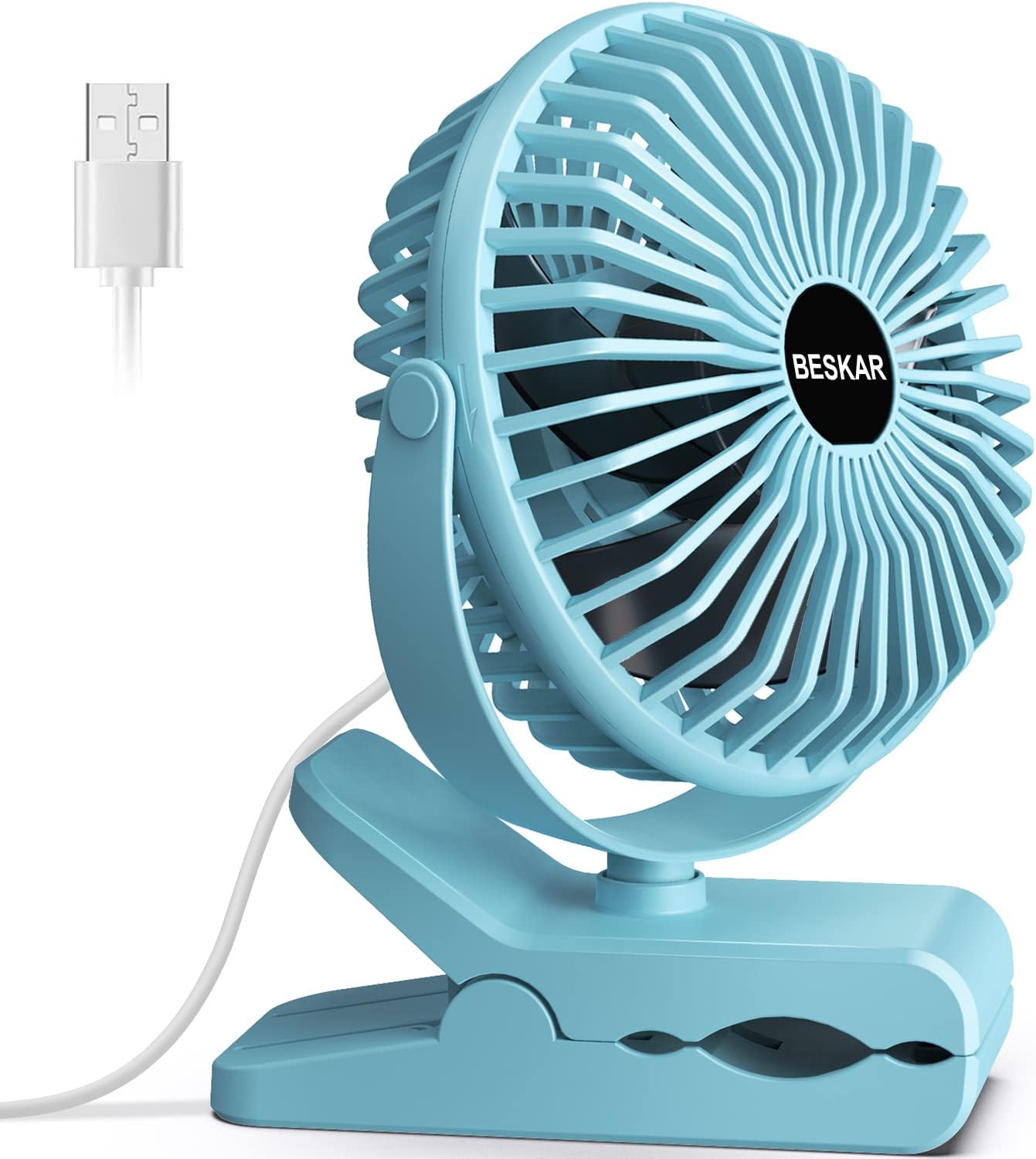 BESKAR Clip on Fan, Portable Small Desk Fan with Strong Airflow, 3 Speeds Personal Fan with Sturdy Clamp, Quiet Desk Fan & Clip Fan with USB Cord Powered - No Battery