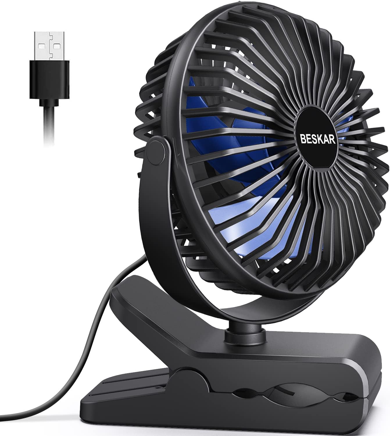 BESKAR USB Clip on Fan, Portable Small Fan with Cord Powered, 3 Speeds Strong Airflow, with Sturdy Clamp, Quiet Personal Desk Fan