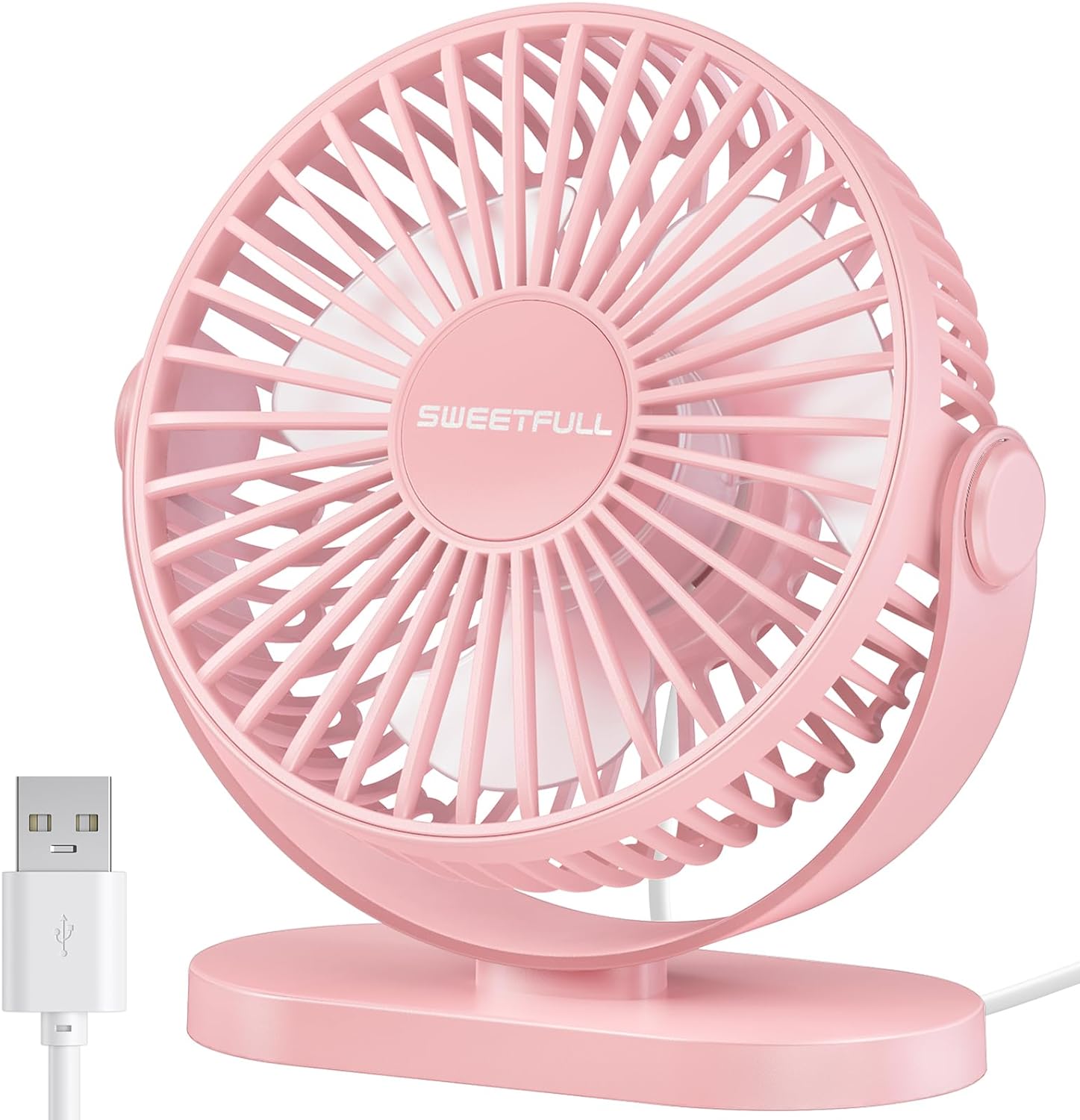 SWEETFULL USB Desk Fan Small Quiet - 3 Speeds Mini Personal Portable Fan 360 Rotation Adjustable, 5 Inch Office Table Cooling Gadgets on Desktop (Pink)