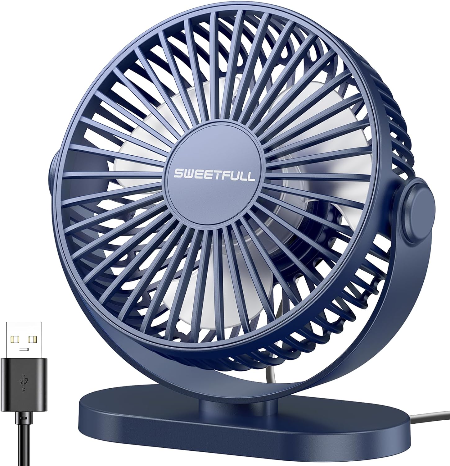 SWEETFULL USB Desk Fan Small Quiet - 3 Speeds Mini Personal Portable Fan 360 Rotation Adjustable, 5 Inch Office Table Cooling Gadgets on Desktop (Blue)