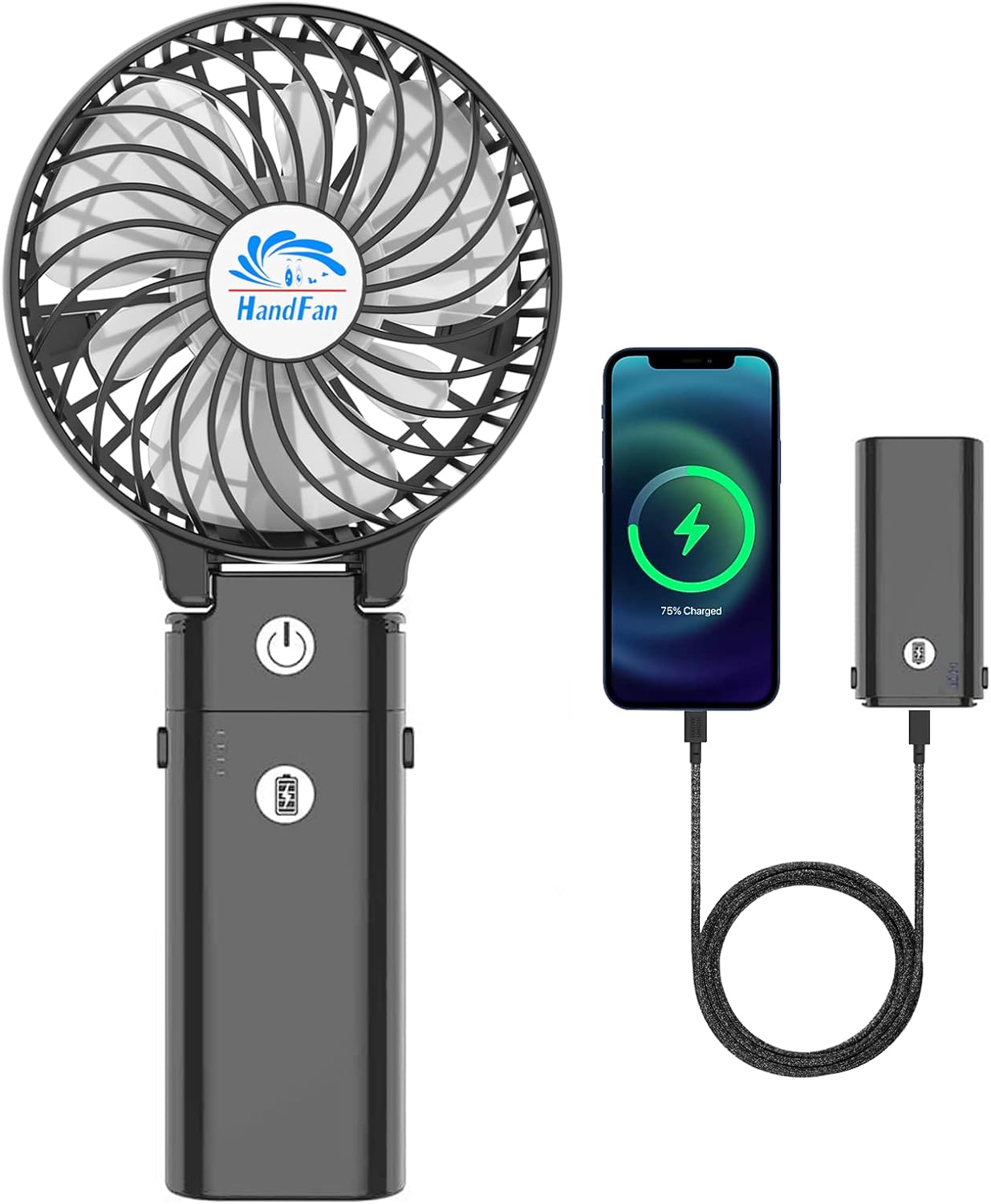 HandFan 5200mAh Portable Handheld Fan, Personal Hand Held Makeup Fan, Foldable Small Desk Fan, Rechargeable Fan Detachable Handle Design, Cooling Fan for Travel, Outdoors, Indoors-Black&Transparent